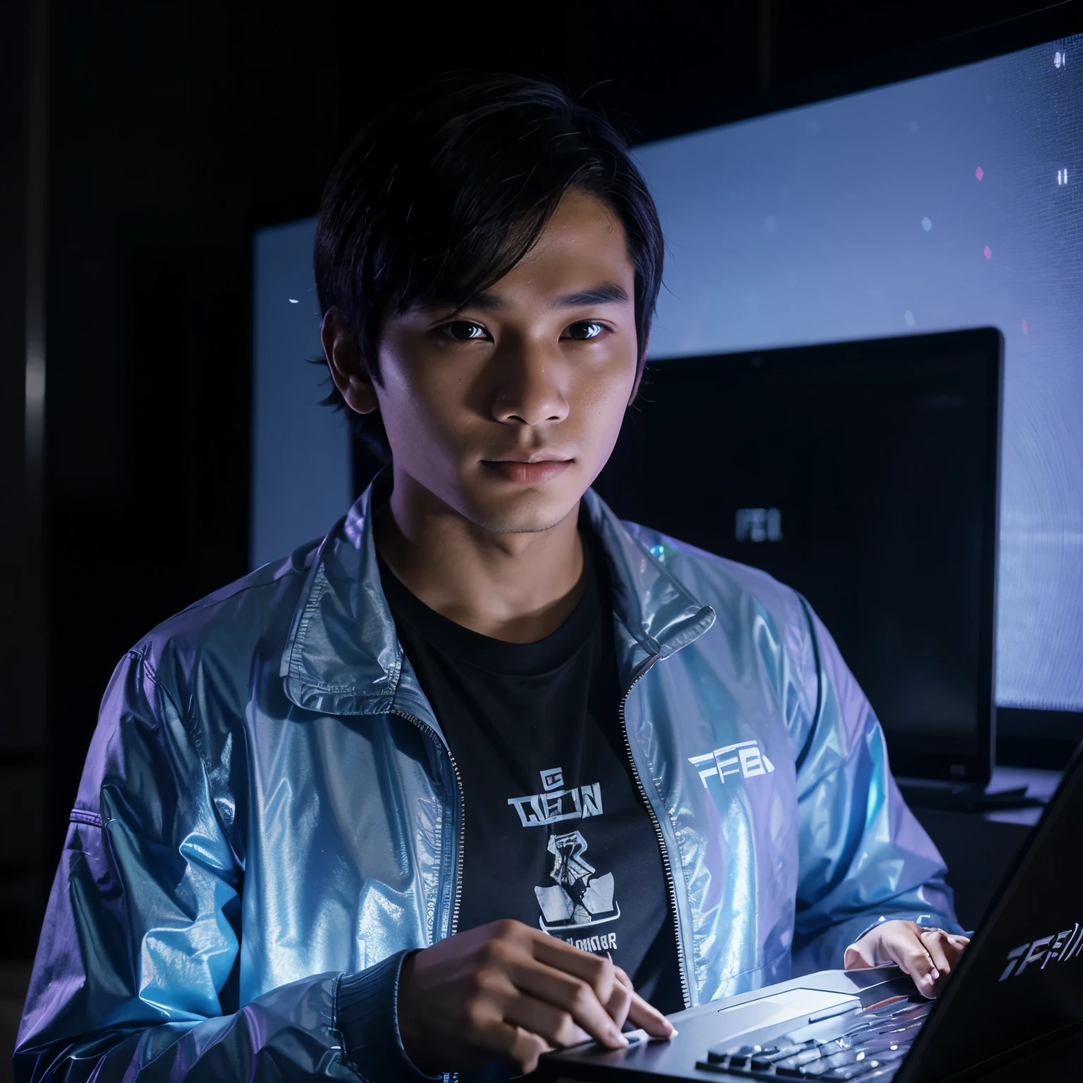 a young man with an Indonesian face, wearing a jacket that says "febri" is operating a laptop with a hologram background