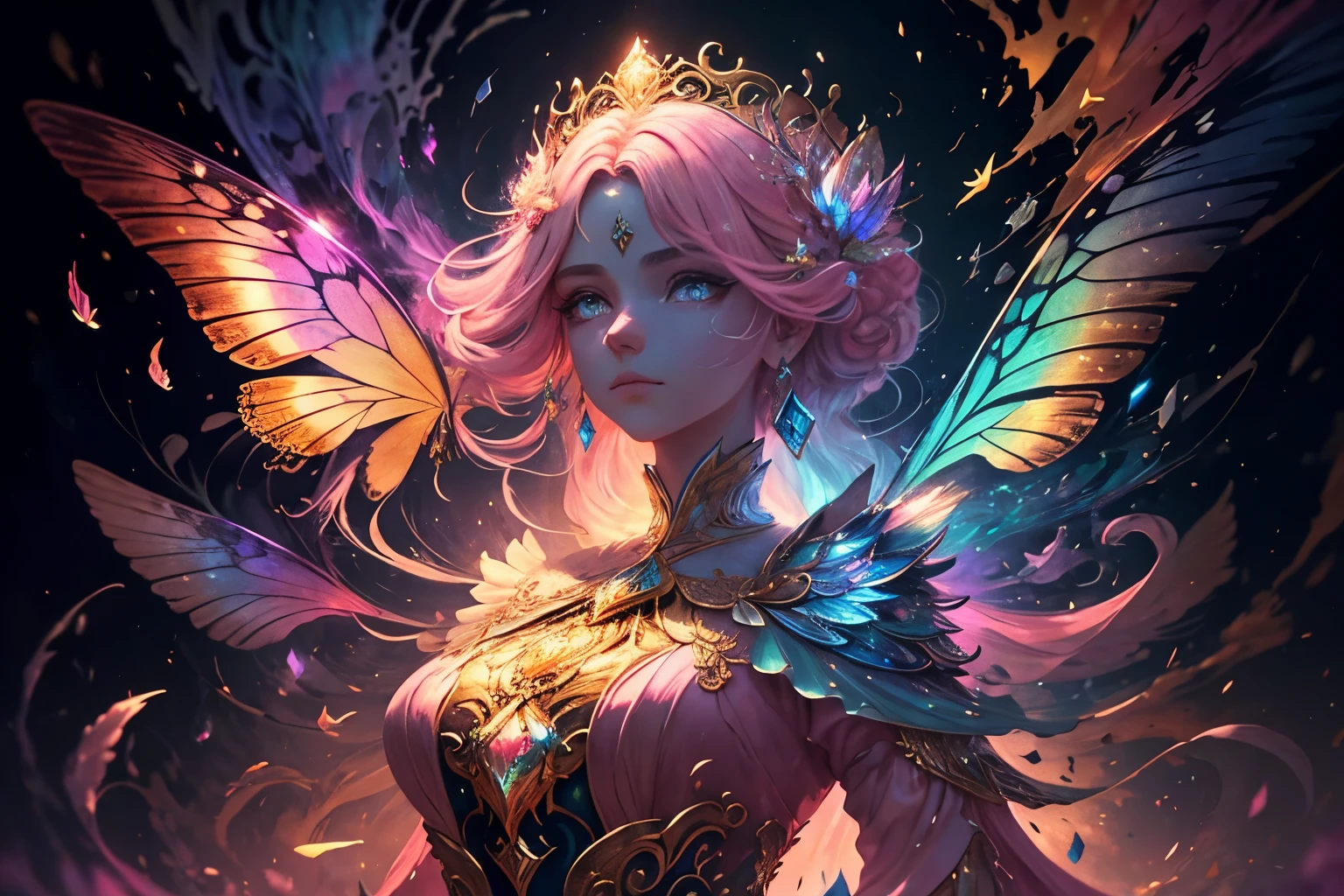 (((obra de arte))), (((melhor qualidade))), ((ultra-detalhado)),(highly detailed CG illustration), ((extremamente delicado e lindo)),cinematic light, Create stunning fantasy art that mimics the style of the genre's currently rising masters. The artwork should contain elements of mythical fantasy and fairytale fantasy with colorful details. ((Use various shades of pastel pink and watercolor as the main color scheme.)) The character of the artwork is a delicate figure, mas forte, with an aura of mystery and magic. Pay close attention to intricate facial features, como olhos hipnotizantes com cores vibrantes e sombreamento ousado. As roupas do personagem devem ser desenhadas com penas de gossamer, Seda, bordados deslumbrantes, e detalhes sutis iridescentes. Incorpore cores de sonho, dynamic lighting, and detailed background elements to create a sense of wonder and immersion. Include colorful flying magic birds and jewel-hued butterflies radiating a magical aura. Consider the latest trends in fantastic art, How to incorporate unique lighting effects, Exploring dynamic and attractive composition techniques, e experimentando paletas de cores exclusivas. Inspire-se nos melhores artistas da ArtStation e Midjourney. Camera: Choose an angle that highlights the character's beauty and enhances the magical majesty of the artwork. lighting: Use atmospheric lighting techniques to create depth and humor. Resolution: Busque uma arte de alta Resolution para mostrar detalhes intrincados e clareza. Art Inspirations: Look for inspiration from the artists on the rise at ArtStation, explorando diferentes estilos, Genres, e temas.