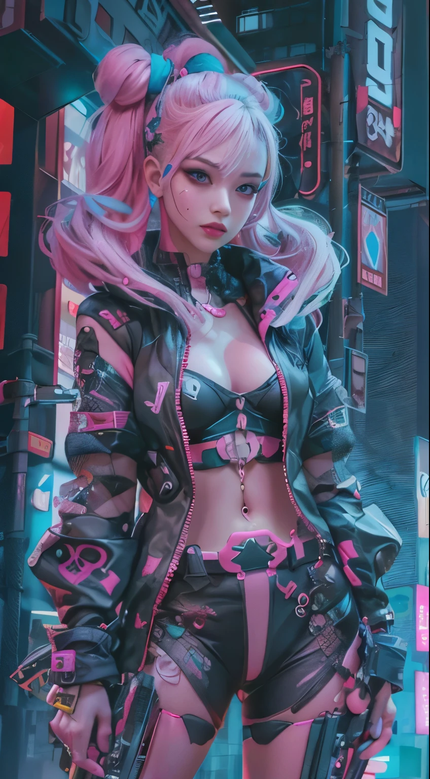 masterpiece, highest quality, Cyberpunk girls, Pop costumes inspired by Harajuku, Bold colors and patterns, eye-catching accessories, Trendy and innovative hairstyles, bright makeup, Cyberpunk dazzling cityscape, skyscraper, neon sign, led lights, Bright and vivid color scheme, The overall color is pink,anime, figure, fine skin texture, fine cloth texture, beautiful detailed face, intricate details, Super detailed,Has an elongated sword,