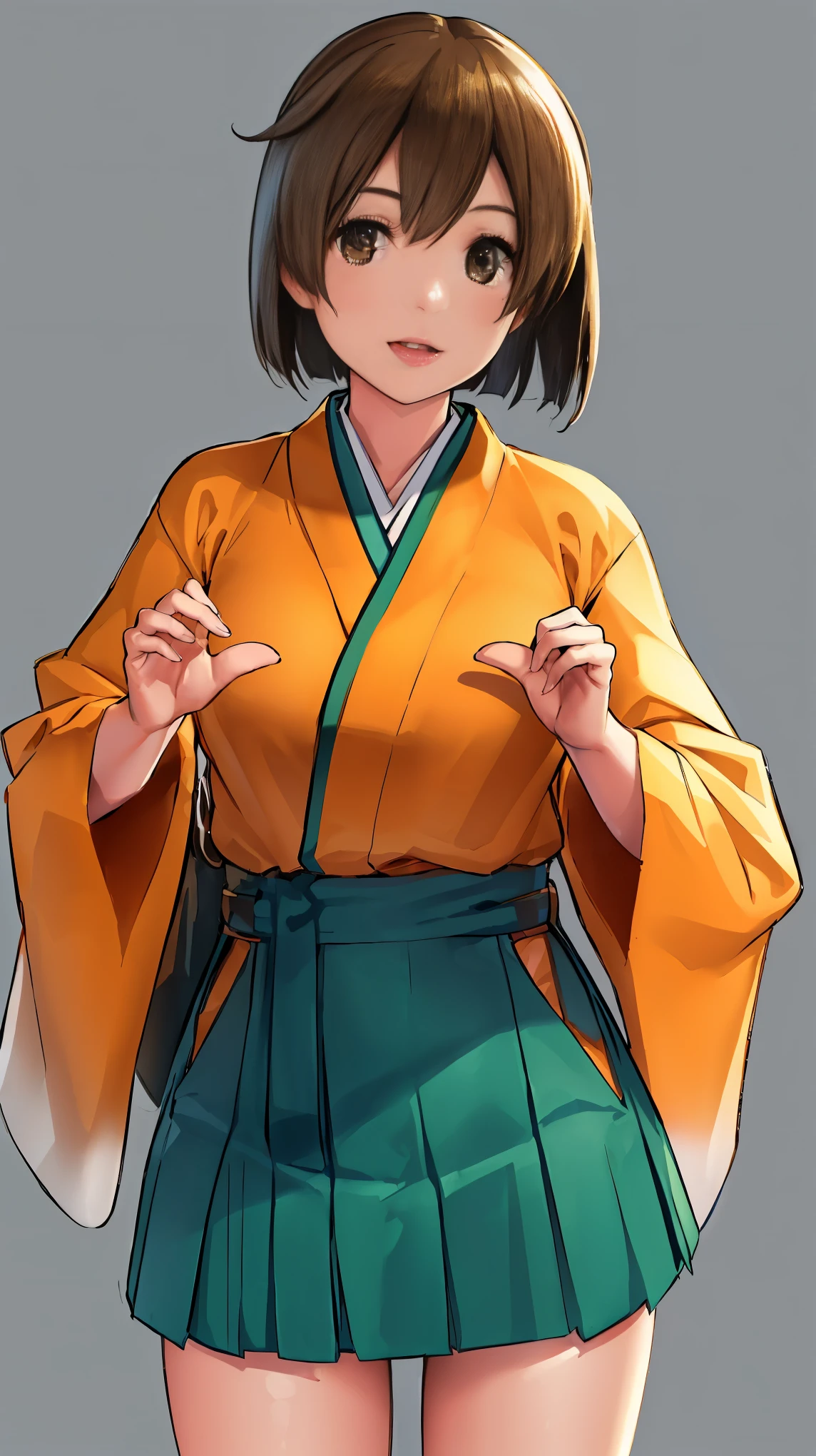 (masterpiece), (best quality), (ultra-detailed), photorealistic, (best illustration), (an extremely delicate and beautiful),1girl, hiryuukc, orange kimono, one side up, brown eyes, brown hair, green hakama, hakama short skirt, [outstretched arms::0.35], smile, cowboy shot, [:(peace sign):0.35], [:(hand in own hair):0.35]Very Fine Eyes Very Fine Face、Insanely detailed body、Extremely fine skin, very elaborate hair ornament, Precisely shaped body and hands