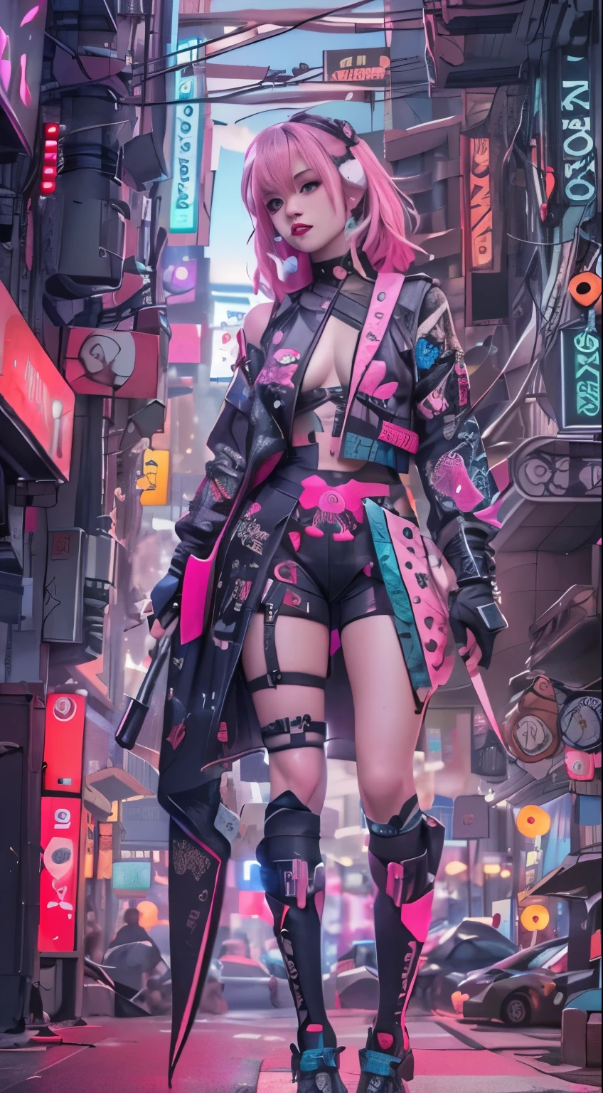 masterpiece, highest quality, Cyberpunk girls, Pop costumes inspired by Harajuku, Bold colors and patterns, eye-catching accessories, Trendy and innovative hairstyles, bright makeup, Cyberpunk dazzling cityscape, skyscraper, neon sign, led lights, Bright and vivid color scheme, The cityscape stands out in pink,anime, figure, fine skin texture, fine cloth texture, beautiful detailed face, intricate details, Super detailed,Has an elongated sword,