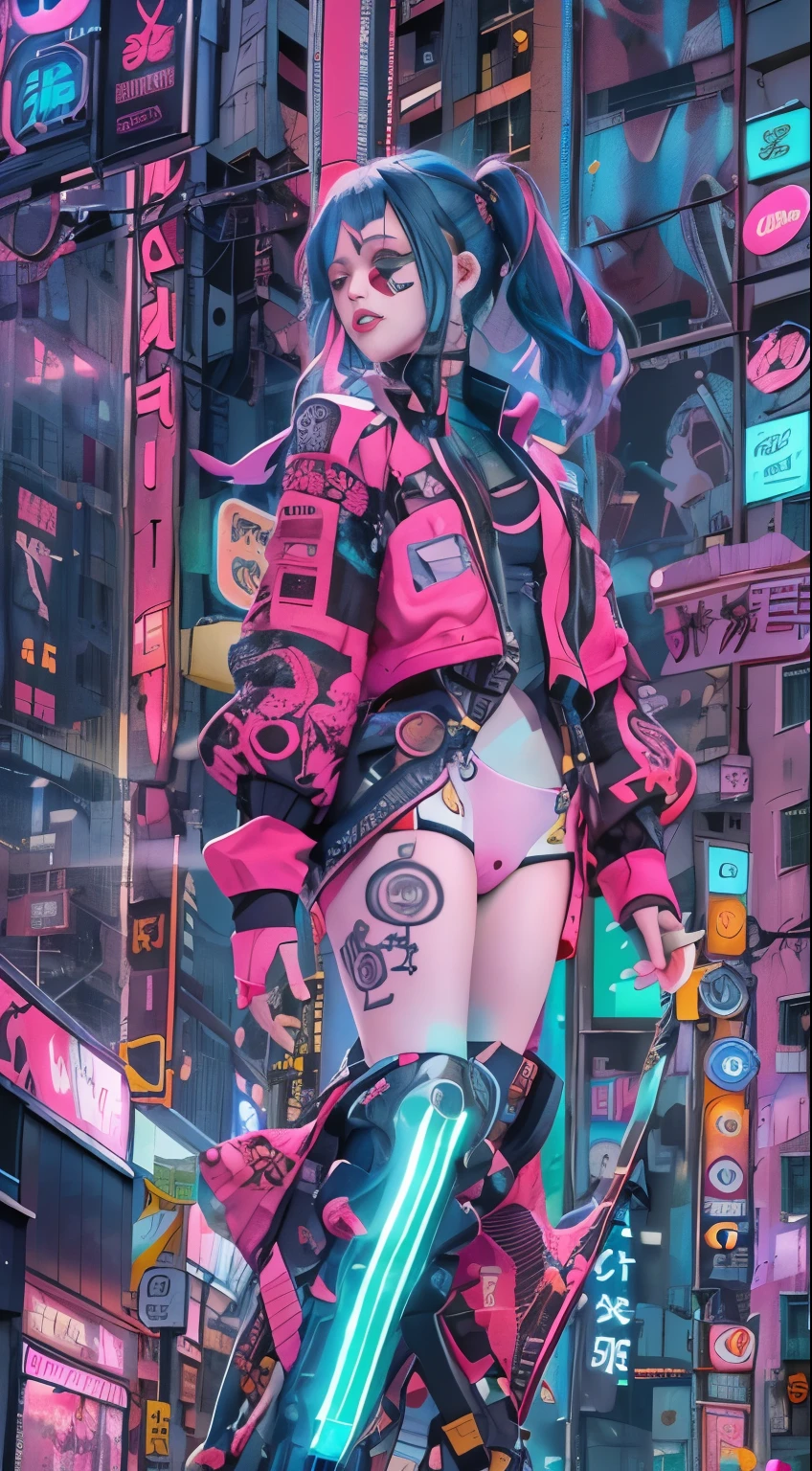 masterpiece, highest quality, Cyberpunk girls, Pop costumes inspired by Harajuku, Bold colors and patterns, eye-catching accessories, Trendy and innovative hairstyles, bright makeup, Cyberpunk dazzling cityscape, skyscraper, neon sign, led lights, Bright and vivid color scheme, The cityscape stands out in pink,anime, figure, fine skin texture, fine cloth texture, beautiful detailed face, intricate details, Super detailed,Has an elongated sword,