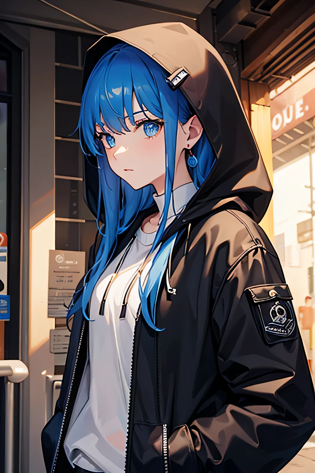 (masterpiece, side lighting, Super detailed, Beautiful eye for detail: 1.2), 1 girl, bag, building, Front view, earbuds, hood, hood down, hooded Jacket, hoodie, Jacket, long hair, blue hair, Side view, blue hair, alone, street, Upper body, masterpiece, highest quality, beautiful night view