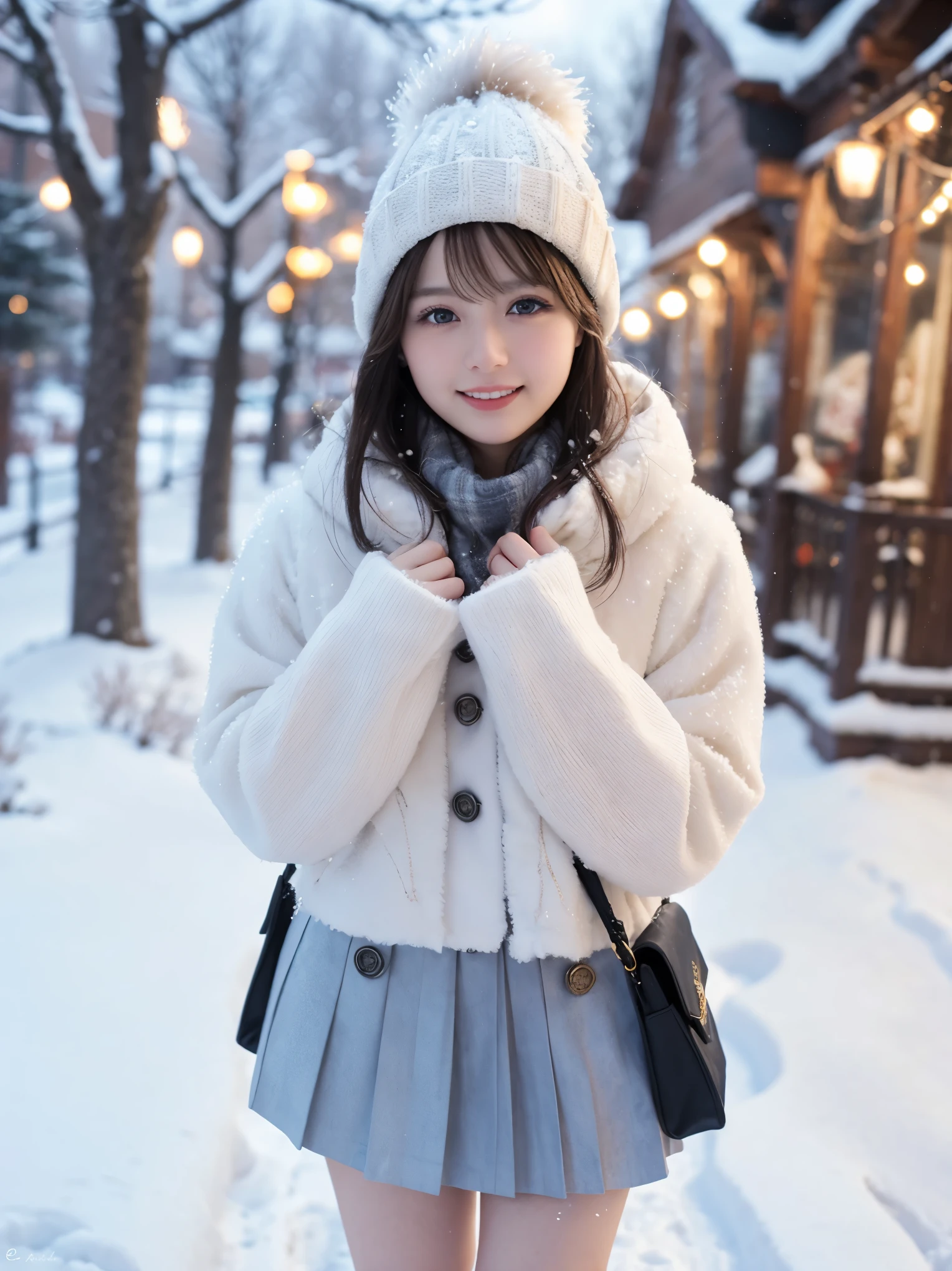 highest quality,4K,8K,High resolution,masterpiece:1.2,Super detailed,realistic,photorealistic:1.37,winter, snow, snowy landscape, beautiful girl in a down coat, fine eyes, detailed lips, long eyelashes, mini pleated skirt, snowy scene, soft lighting, cozy atmosphere, Moderately: Oil, fresh snow, winter wonderland, cool tone, delicate brushstrokes, snowy trees, frosty breath, calm expression, playful pose, beauty of nature, snowflakes, snow-covered ground, winter fashion, Stylish clothes, snow boots, rosy cheeks, wintertime joy, peaceful atmosphere, mysterious beauty, magical winter scene, winter fashionista, quirky charm