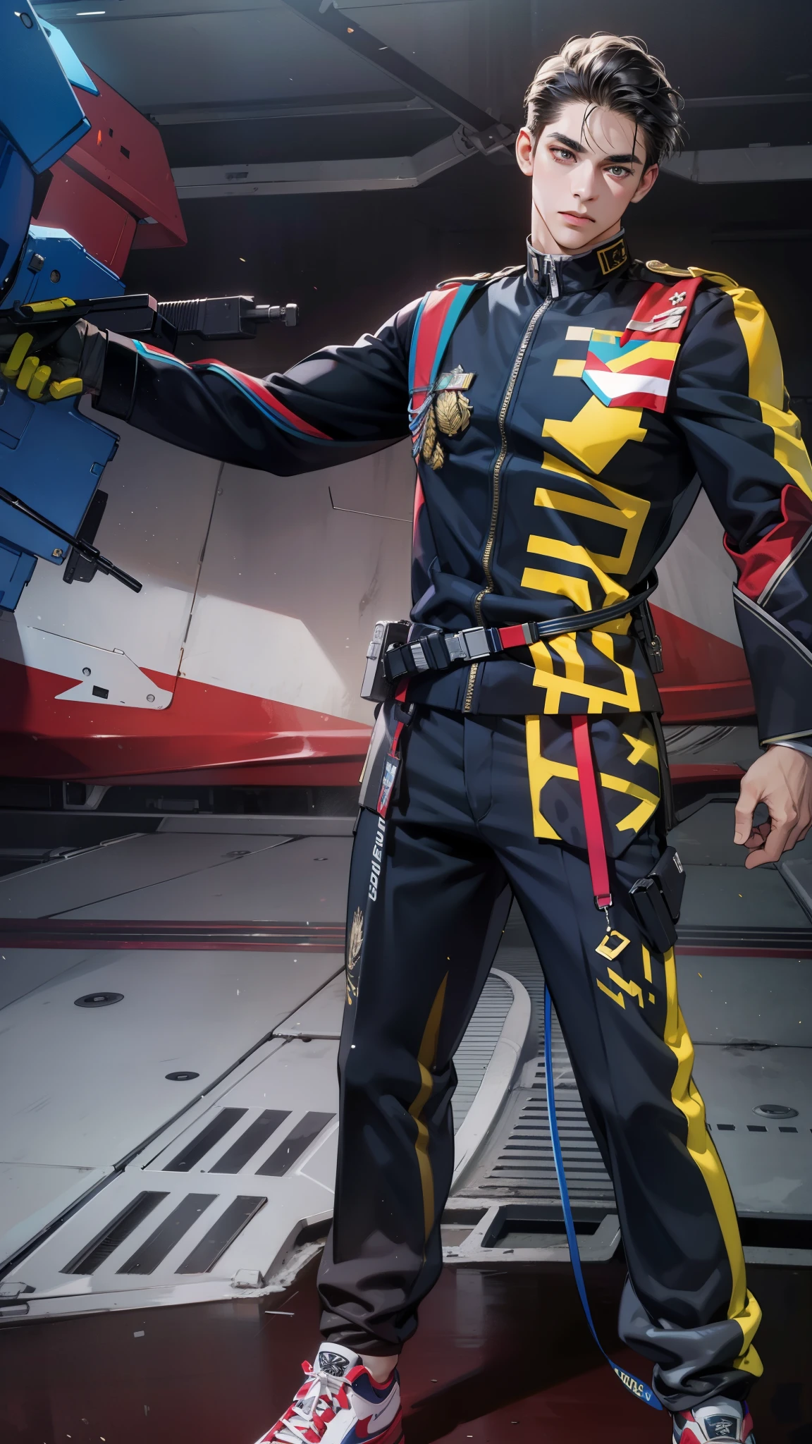 Masterpiece, high quality, best quality, HD, realistic, perfect lighting, detailed body, 1 man, face expression, black military suit, in the cave