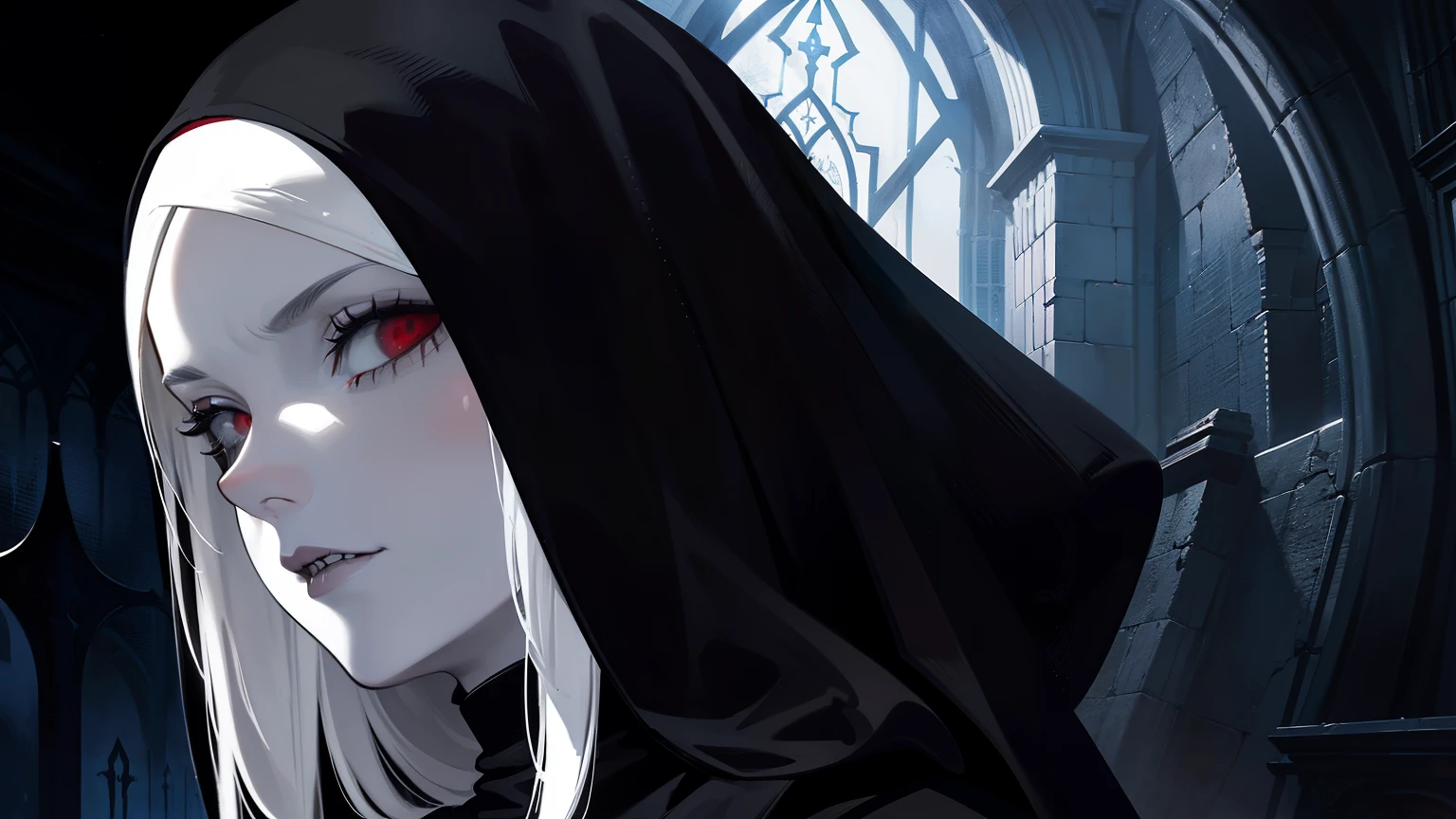 Gloomy portrait of a late medieval vampire nun with a sinister and cruel expression on her face. Gothic style, very detailed, Digital painting. artist Brom, Luis Royo, and Victoria Francis.