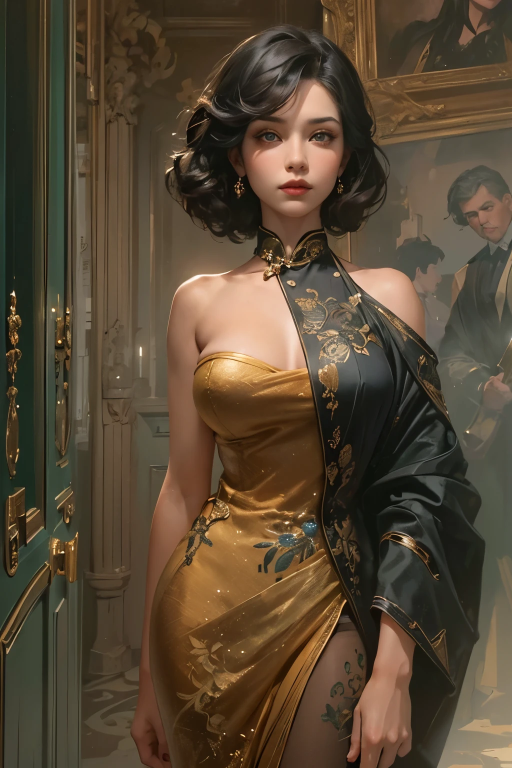 A beautiful woman wearing a purple cheongsam is standing in the room, Beautiful woman in her late 27s, Photorealistic painting by Cynthia Shepherd, cgsociety contest winner, fantasy art, Style Ivan Talavera and Artgerm, elegant cinematic pose, Charlie Bowater Rich Deep Colors, beautiful attractive anime woman, style of charlie bowater, surreal art nouveau style, stunning elegant pose, hyperrealistic fantasy art, highest quality, perfect angle, perfect composition, best shot, official art, cinematic light, figurative art, Beautiful and expressive paintings, Beautiful artwork illustration, wonderful, cool beauty, clear, Mysterious, highest quality, official art, perfect composition,perfect angle, best shot, women only, sharp outline, In the middle of a conspiracy, The face behind the scenes, dark government official, dark mission, first class agent, government agent, Top big-name spy, A talented female spy, beautiful female spy, extremely detailed and beautiful eyes, Beautiful eyes with slit length, quite beautiful face, A talented secret agent, sabotage specialist, Spy X21, carry a concealed gun and knife, Eyes without pupils, color eye, ideal anima, melancholy, nostalgia, romantic, 1930s, Hongkong, beautiful cityscape, sepia memories, unforgettable woman, Full body Esbian, hard boiled