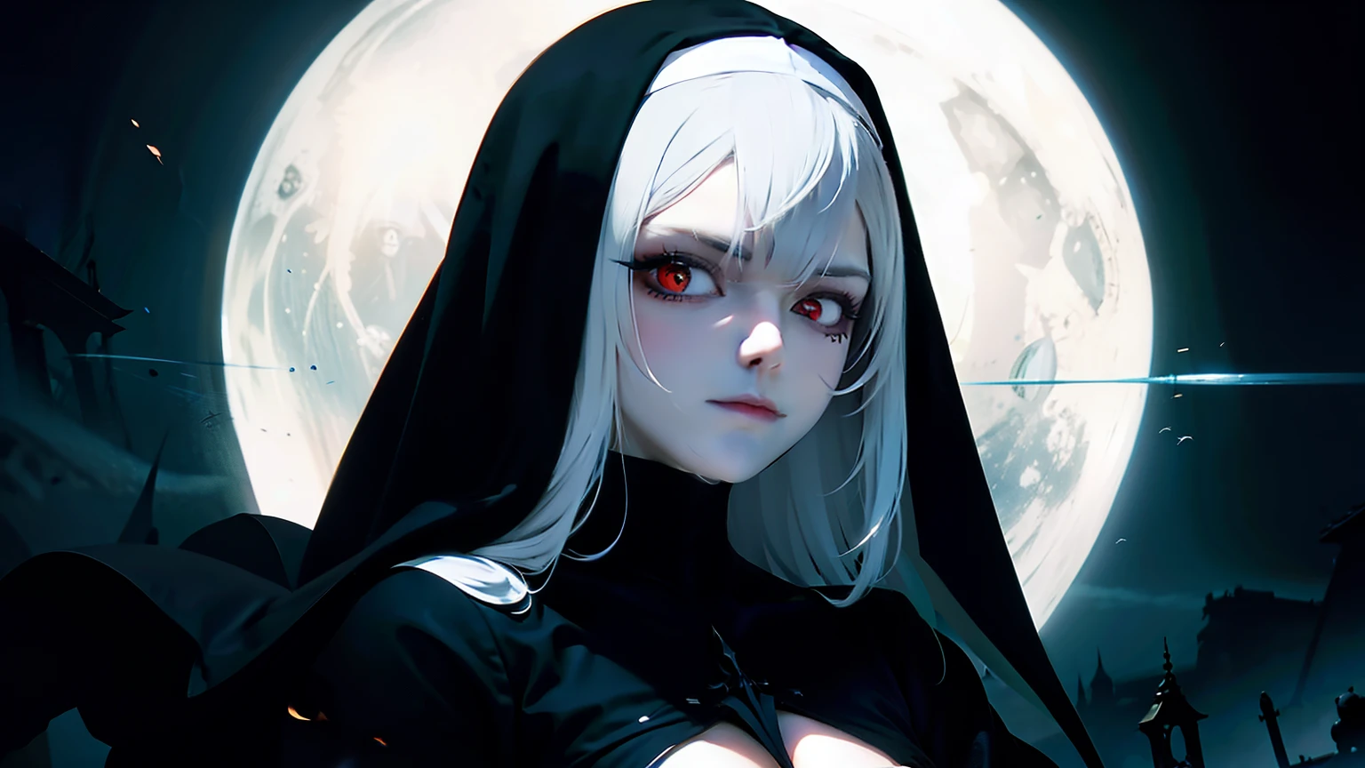 Gloomy portrait of a late medieval vampire nun with a sinister and cruel expression on her face. Gothic style, very detailed, Digital painting. artist Brom, Luis Royo, and Victoria Francis.