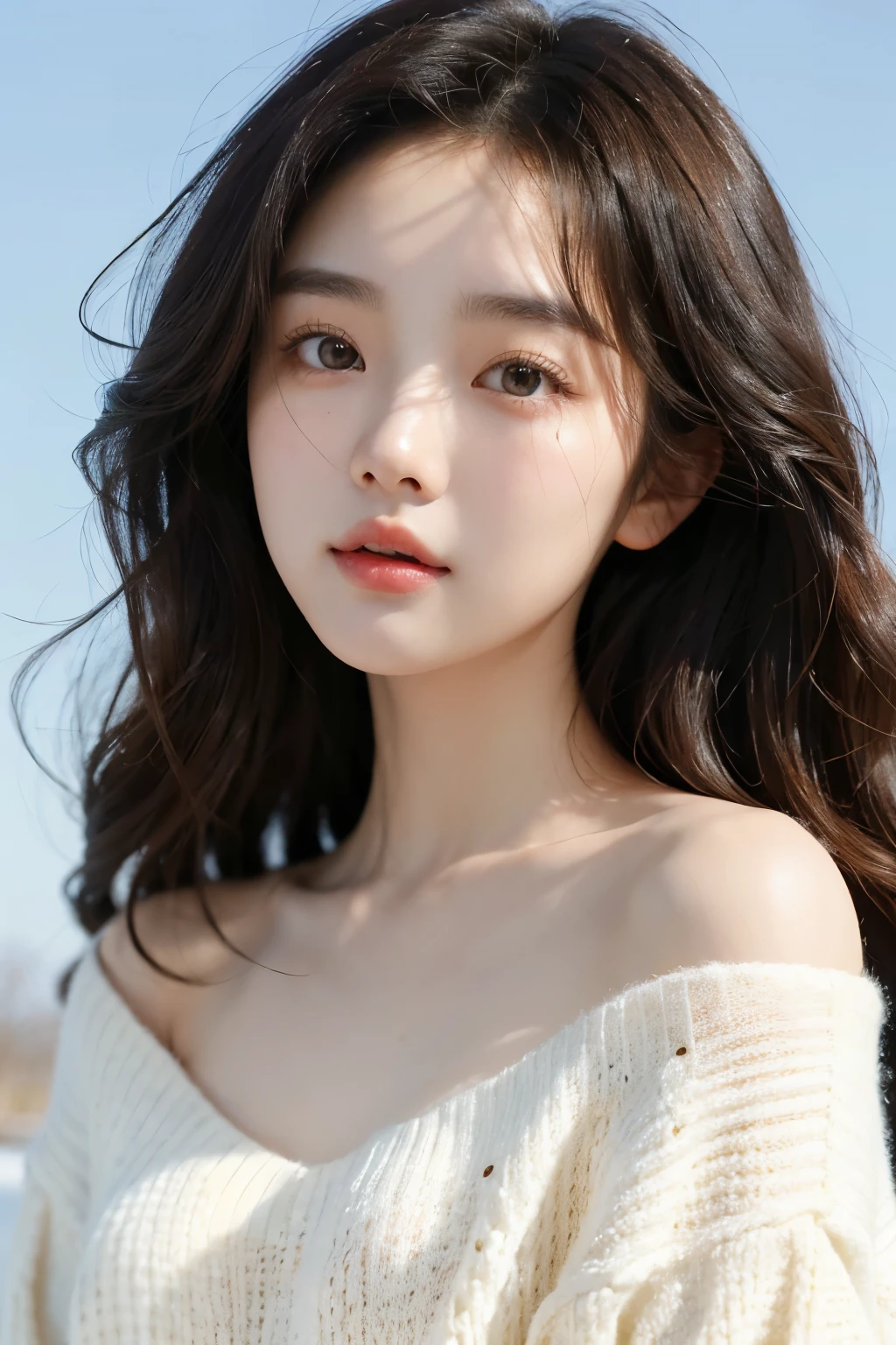 A Korean girl with a pure and sweet demeanor, exquisite facial features and captivating eyes. Her skin is snow-white, juxtaposed beautifully with her brown, naturally curly hair. She wears a shoulder-baring sweater, radiating natural beauty under the bright sunshine. The background is softly muted, perfect for her personal photo shoot.