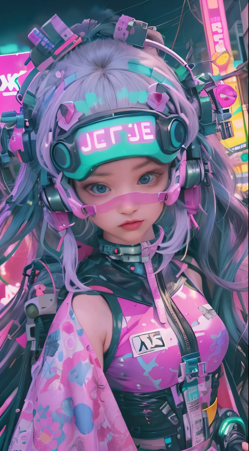 masterpiece, highest quality, Cyberpunk girls, Pop costumes inspired by Harajuku, Bold colors and patterns, eye-catching accessories, Trendy and innovative hairstyles, bright makeup, Cyberpunk dazzling cityscape, skyscraper, neon sign, led lights, Bright and vivid color scheme, Lots of pink and green,anime, figure, fine skin texture, fine cloth texture, beautiful detailed face, intricate details, Super detailed,Has an elongated sword,
