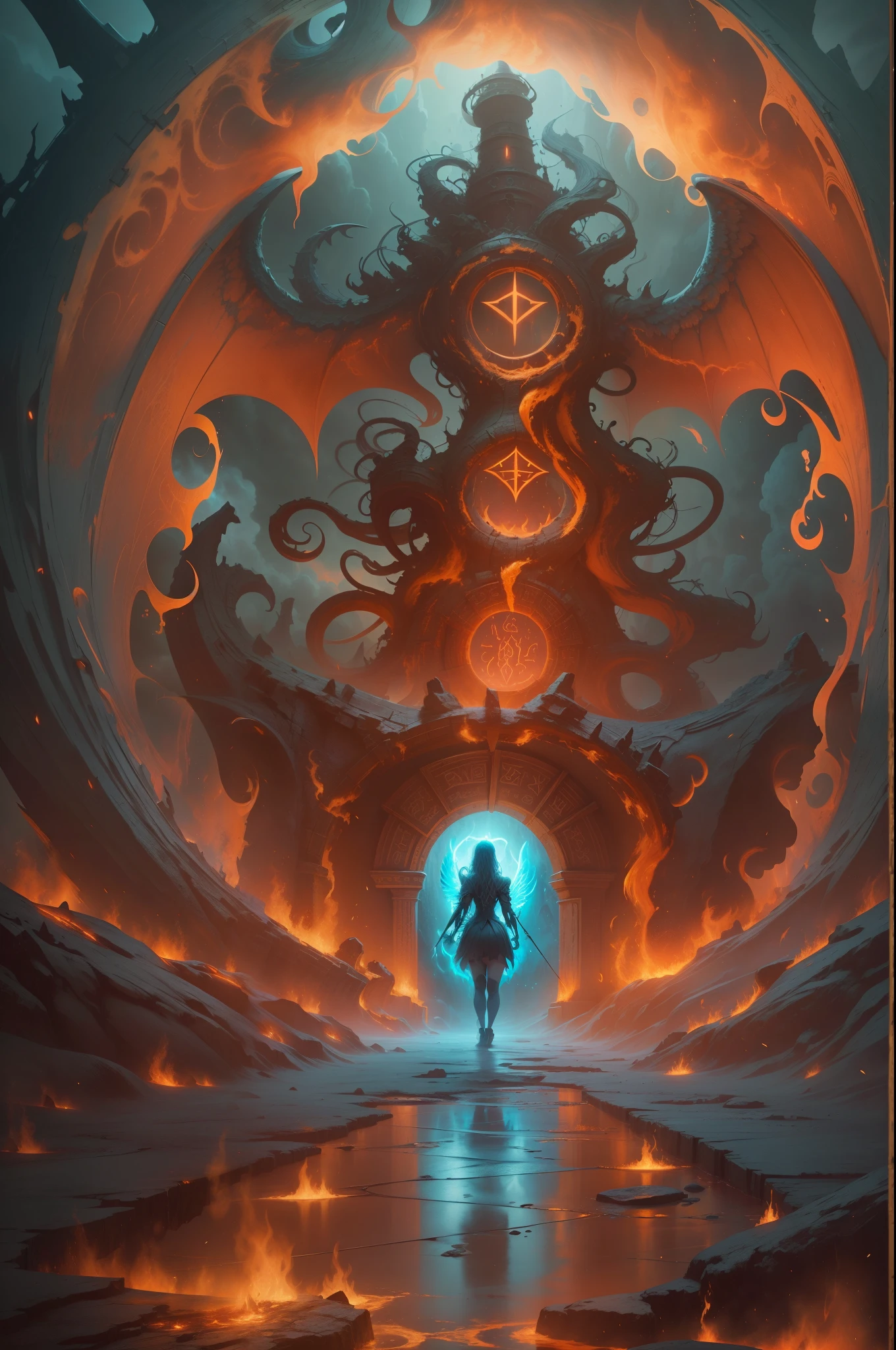 high details, best quality, 16k, [best detailed], masterpiece, best quality, (extremely detailed), a view from the rear of a beautiful angel looking through  a magical portal onto hell, she sees the fiery hell and rolling inferno, GlowingRunes_paleblue,