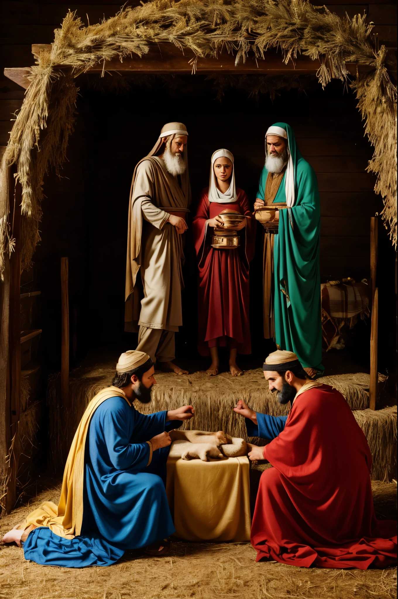 8k, photo realistic, photography, hyper realistic, Setting: A simple stable, with a bed of hay and a manger.
Characters: Jesus, Mary, the three wise men, and maybe some animals.
Action: The three wise men are prostrate before Jesus, who is lying in the manger. They are bringing gifts such as gold, frankincense and myrrh.
Emotion: The three wise men are filled with admiration and reverence for baby Jesus. They recognize that He is the Messiah, the Savior of the world. | LOCATION TYPE: | CAMERA MODEL: Nikon Z7 II | CAMERA LENSE: 85mm f/1.8 | SPECIAL EFFECTS: Soft focus, natural light | TAGS: Love, complex emotions, affection, warmth, respect, surprised
