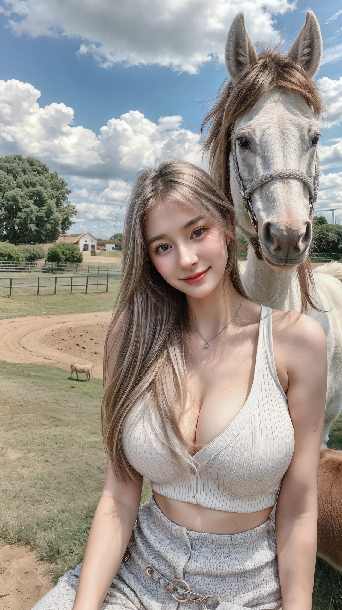 1 Girl, Beautiful, , 20 Years Old, White Skin, Colossal Chest, Sleeveless, Cleavage, Animal Handler Outfit, Riding a Cute Horses, Home Outdoor Background, Silver Straight Hair, ((adorable:1.3)), ((masterpiece:1.1)), ((wind:1.3))