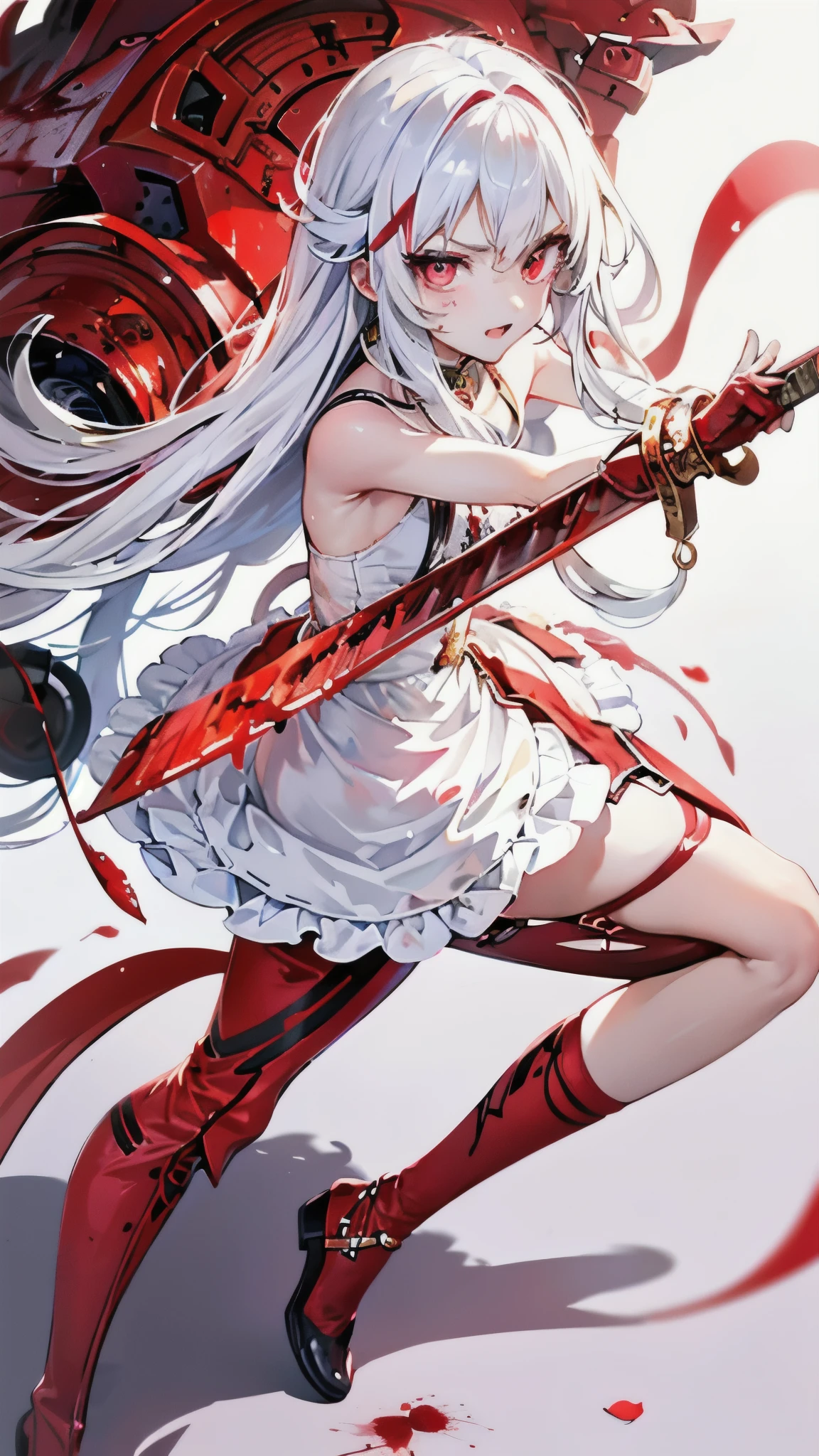 ((solo)),best quality,Amazing,1girl,extremely detailed CG unity 8k wallpaper, masterpiece,(loli),(white hair),(((red streaked hair))), red eyes, (((full body))),(red hair), (((((Hold a red sword))))), (angry face)，(beautiful detailed eyes), ((Blood drop)),((Blood fog)),light shafts, soft focus, character focus,disheveled hair,long bangs, hairs between eyes, looking at viewer,lowing hair,((Splashing blood))),Long hair,((Bloodstain)),Fighting stance,{{{{{watercolor_(medium)}}}},(((masterpiece))),((white clock)),((ultra-detailed))，((Covered in blood)),flowing hair,Exquisite Flame, {{{{{{extremely beautiful detailed anime face}}}}}},dynamic angle, floating, (shine), extremely delicate and beautiful girls, bright skin, (best illustration), (best shadow), finely detail, Depth of field (bloom), (painting),{ very delicate light, perfect and delicate limbs},beautiful detailed dress,Flying red petals,Holy lighting