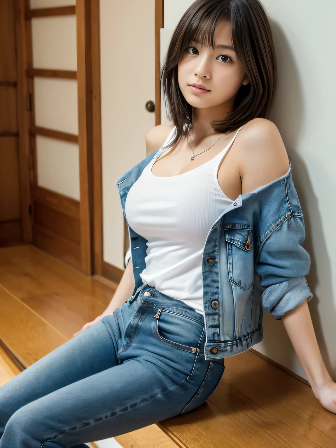 Masterpiece, High quality, high resolution, Skinny Japanese woman, 30 years old, cute face, ((detailed face, detailed eyes)), small breasts, very thin waist, slender legs, dayoff, relaxing at living room