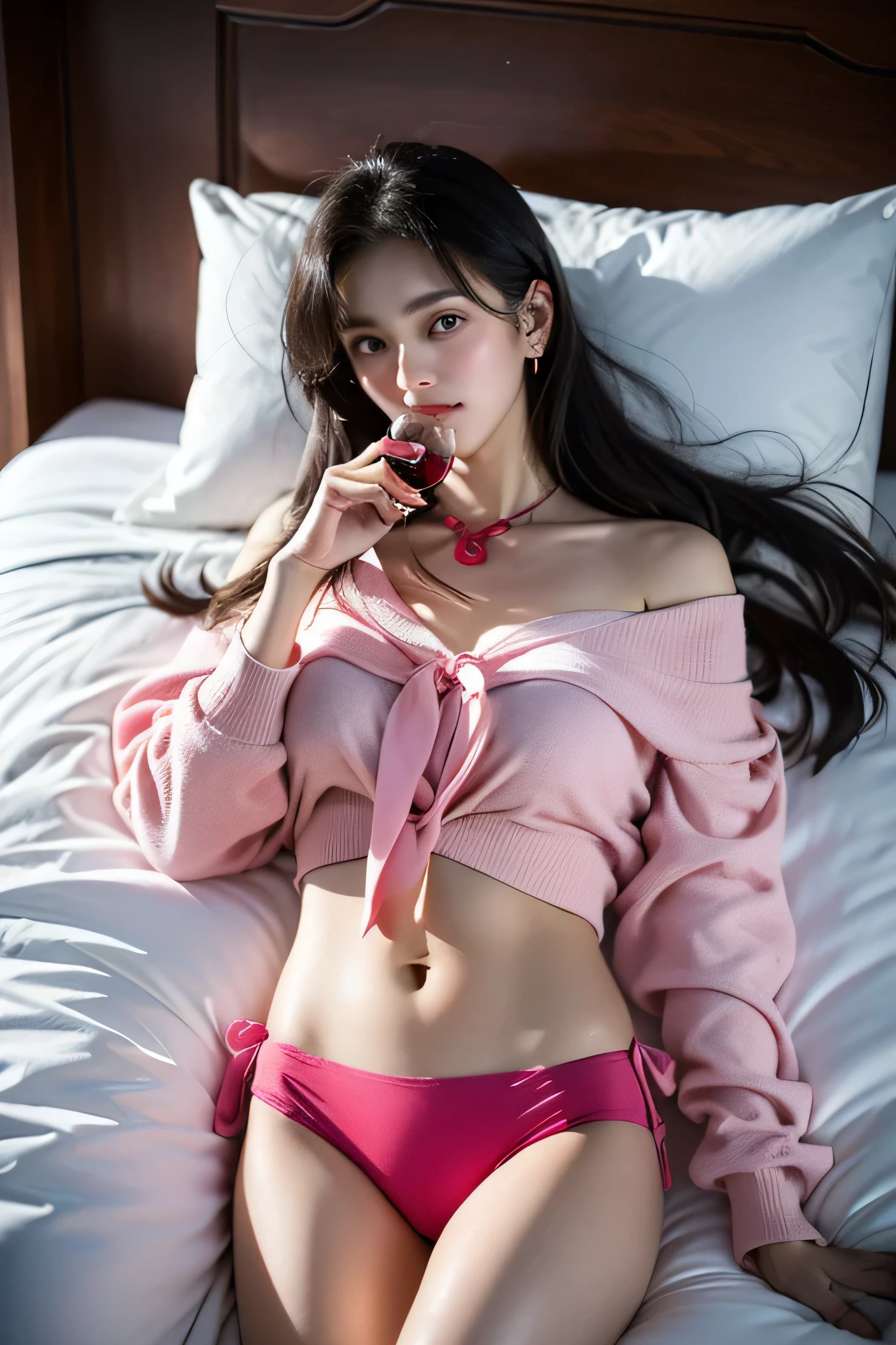 girl lying on bed,Wet,charming eyes,Heartwarming action,Turn your face away from the camera,bent down,bend over,turn back,Look up at your head,thick long hair,highly detailed body,highly detailed face,highest quality,(off shoulder white blouse),(Loose red bow tie)、(pink good)、((Holding a wine glass in your hand)),(I can see pink panties)