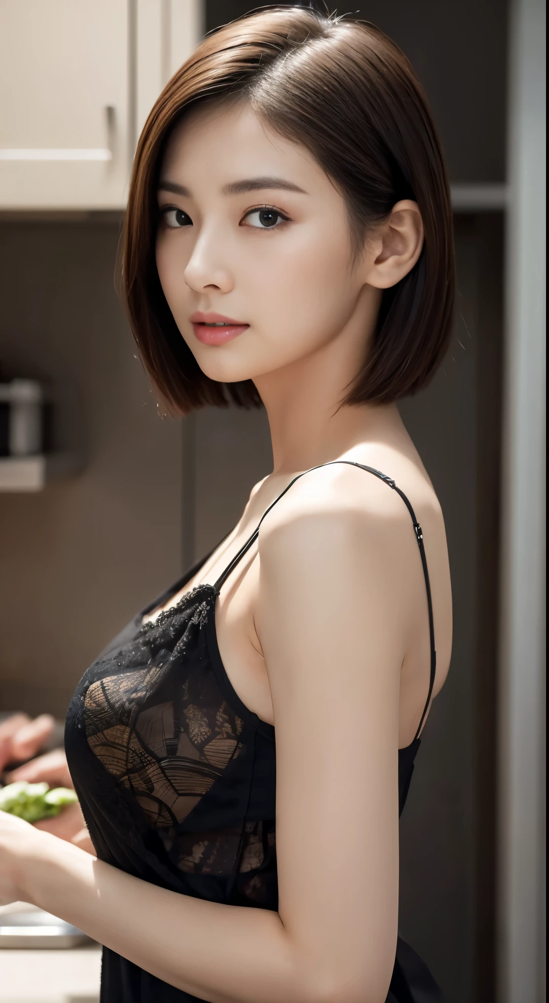 Photorealistic beautiful female student、18-year-old、night view、amazingly beautiful、Extremely high quality clarity、beautiful body、(highest quality、8K、32K、masterpiece、nffsw:1.3)、ultra high resolution,(Photoreal:1.4),RAW photo, detailed face,,beautiful hair, ((Doctor Style)), ,very short hair 、very short hair、clean breasts、amazingly beautiful二重まぶた、 natural makeup,, small perfect breasts, wet hair、detailed background, perfect lighting, Depth of written boundary, beautiful shadow gradation、thin limbs、thin thighs、((whole body))、((Black lace tank top))、wet body、((Cooking in the kitchen))、Beautiful and slim perfect body、beautiful high nose、Trimmed thin pubic hair、Side view、