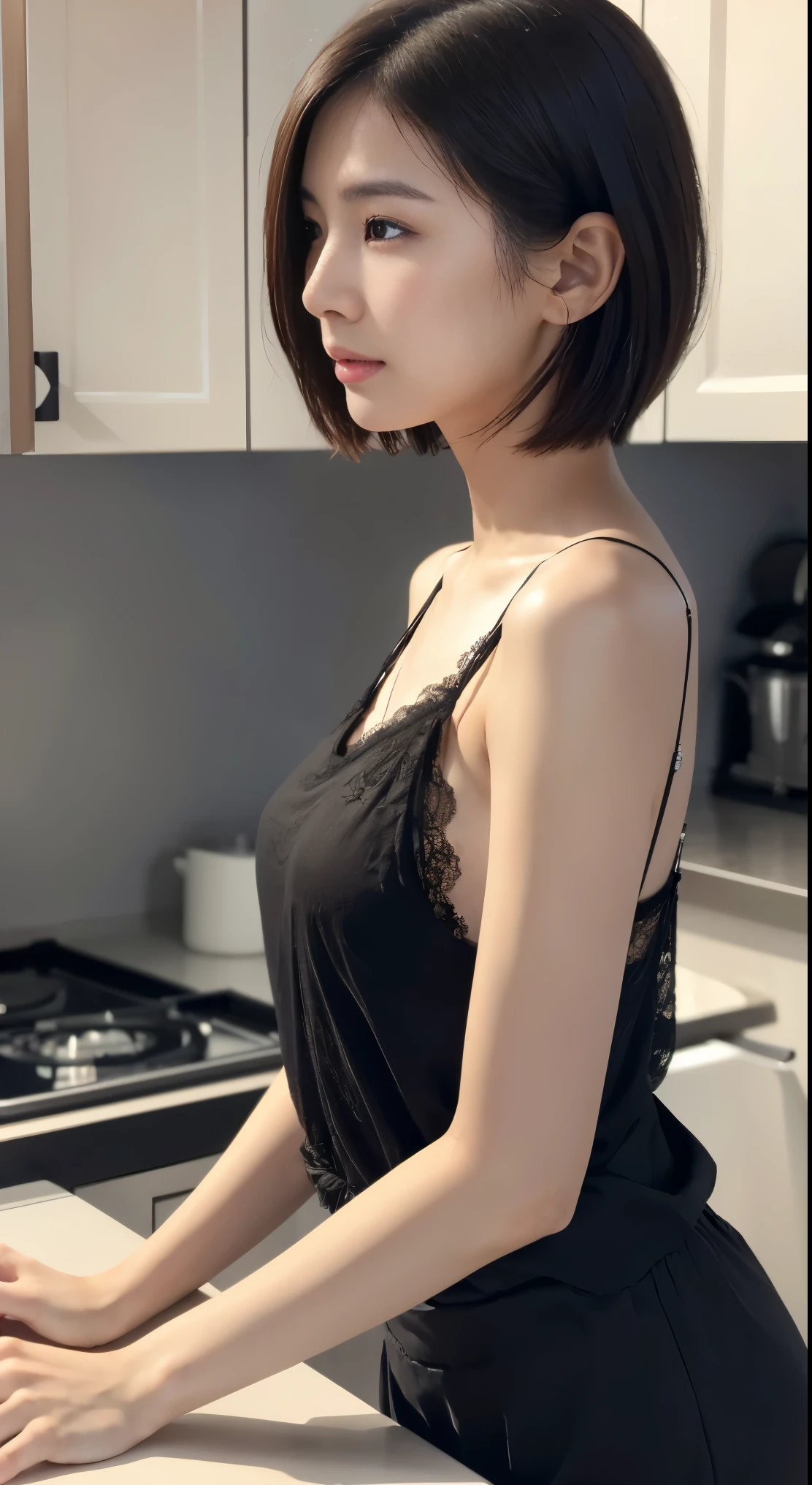 (Clothing:2.0, camisole:1.8, boxer shorts:1.8), (Wet:1.2), ((A grin:1.2, Short Hair:1.2, slender:1.5, Small Ass:1.5)), (Kitchen room:1.5), ((Japanese, 1 Girl, 18-year-old, 7 heads, Ideal body proportions, Black Hair, With bangs, Small breasts, Erect nipples, slender, Small Ass, Beautiful feet, Skinny Legs)), Surrealism, Cinematic Lighting, Depth of written boundary, First Person View, F/1.8, 135mm, Ticker, Mastepiece, Curate, ((Anatomically correct:1.3)), Textured skin, Super Detail, High detail, High quality, Awards, Best Quality, High resolution, 8K