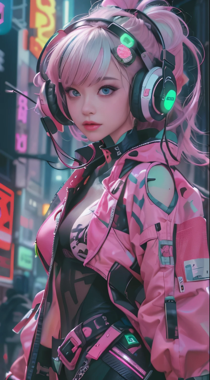 masterpiece, highest quality, Cyberpunk girls, Pop costumes inspired by Harajuku, Bold colors and patterns, eye-catching accessories, Trendy and innovative hairstyles, bright makeup, Cyberpunk dazzling cityscape, skyscraper, neon sign, led lights, Bright and vivid color scheme, Lots of pink and green,anime, Wearing headphones,figure, fine skin texture, fine cloth texture, beautiful detailed face, intricate details, Super detailed,Has an elongated sword,