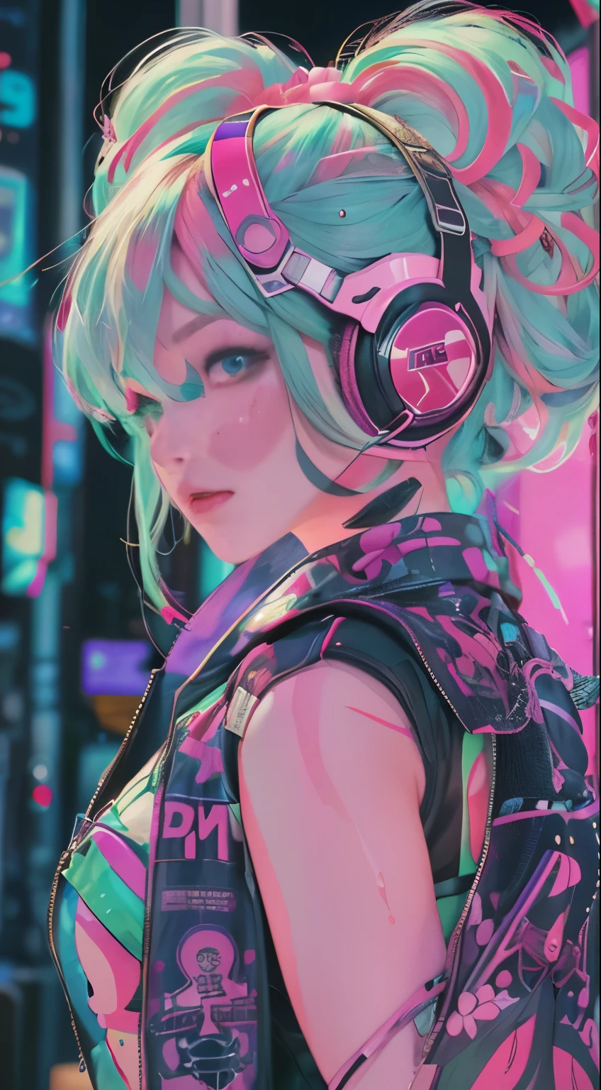 masterpiece, highest quality, Cyberpunk girls, Pop costumes inspired by Harajuku, Bold colors and patterns, eye-catching accessories, Trendy and innovative hairstyles, bright makeup, Cyberpunk dazzling cityscape, skyscraper, neon sign, led lights, Bright and vivid color scheme, Lots of pink and green,anime, Wearing headphones,figure, fine skin texture, fine cloth texture, beautiful detailed face, intricate details, Super detailed,Has an elongated sword,