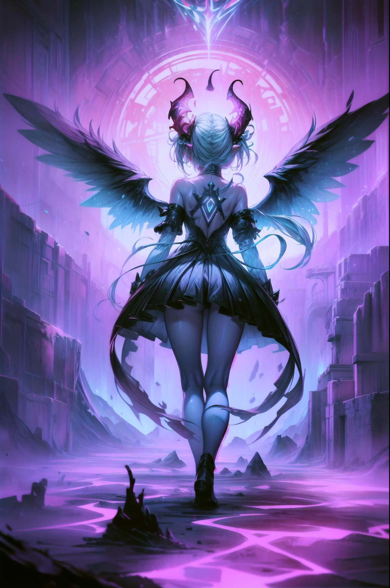 high details, best quality, 16k, [best detailed], masterpiece, best quality, (extremely detailed), a view from the rear of a beautiful angel looking through  a magical portal onto hell, the portal has magical pink magical wards  on it, she sees the fiery hell and rolling inferno, GlowingRunes_paleblue,