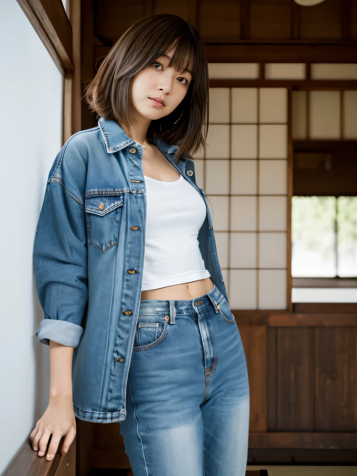 (highest quality, masterpiece, ultra high resolution:1.2), (realistic:1.3), (RAW photo:1.3), 8K, 16k, 32K, 1 girl, ultra high resolution, professional artwork, Super detailed, Complex, detailed face, 1 girl, (japanese girl:1.3), (alone, whole body, wide shot, 18-year-old:1.3), short hair, boyish pose, boyish hairstyle, room, jeans, oversized gourmet