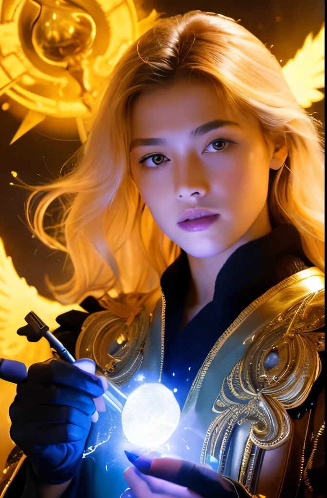 art officiel, Ultra detailed, chef-d&#39;artwork, best quality, absurdes, high resolution, (1fille:1.3), CASSER, surrounded by&#39;Lightning, a lightning bolt in the hand, Cristal de foudre, CASSER, Seulement, beau, cheveux courts, golden hair, Golden eyes, Delicate, pectoral nu, dark topaz dress, portrait d&#39;element, golden spirit on his back, Celestial Mage, tout le corps, Detailed art, prisme, Briller, Floraison, orage et Lightning en arrière-plan, minuit, Better light and shadow, tir de cow-boy, angle dynamique, angle hollandais, Par le bas, pose de combat