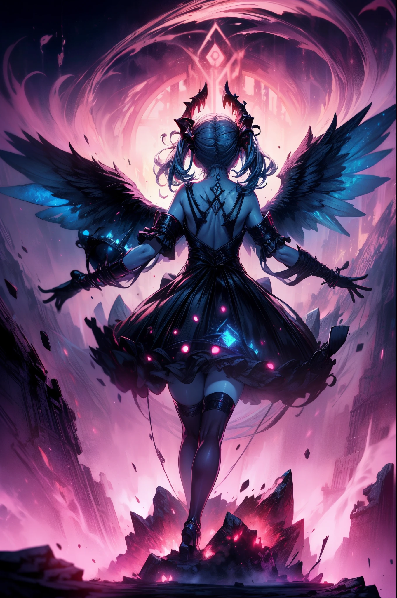 high details, best quality, 16k, [best detailed], masterpiece, best quality, (extremely detailed), a view from the rear of a beautiful angel looking through  a magical portal onto hell, the portal has magical pink magical wards  on it, she sees the fiery hell and rolling inferno, GlowingRunes_paleblue,