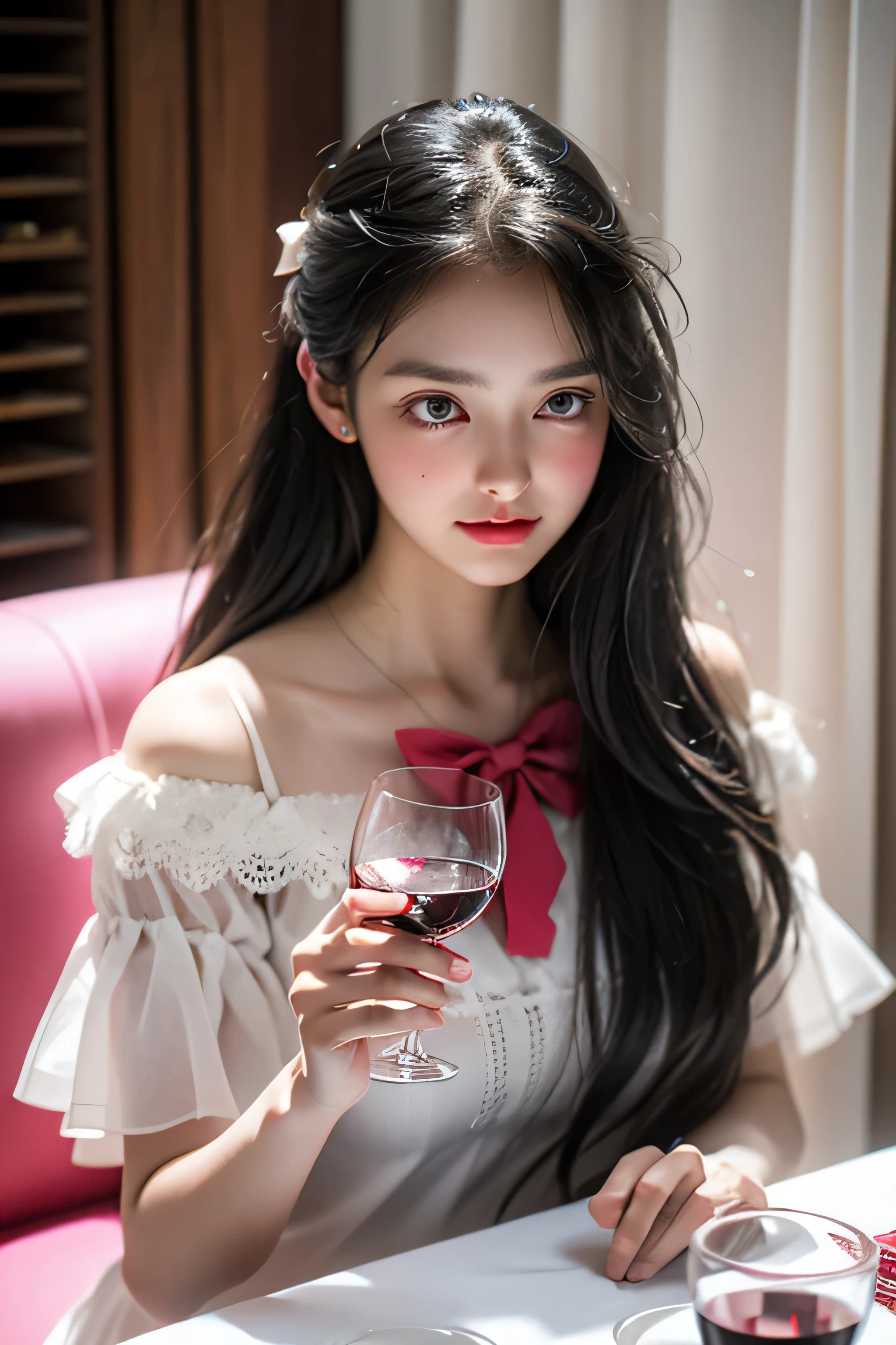 in the bathroom,Wet,charming eyes,Heartwarming action,Turn your face away from the camera,bent down,bend over,turn back,Look up at your head,thick long hair,highly detailed body,highly detailed face,highest quality,(off shoulder white blouse),(Loose red bow tie)、(pink good)、((Holding a wine glass in your hand)),(I can see pink panties)