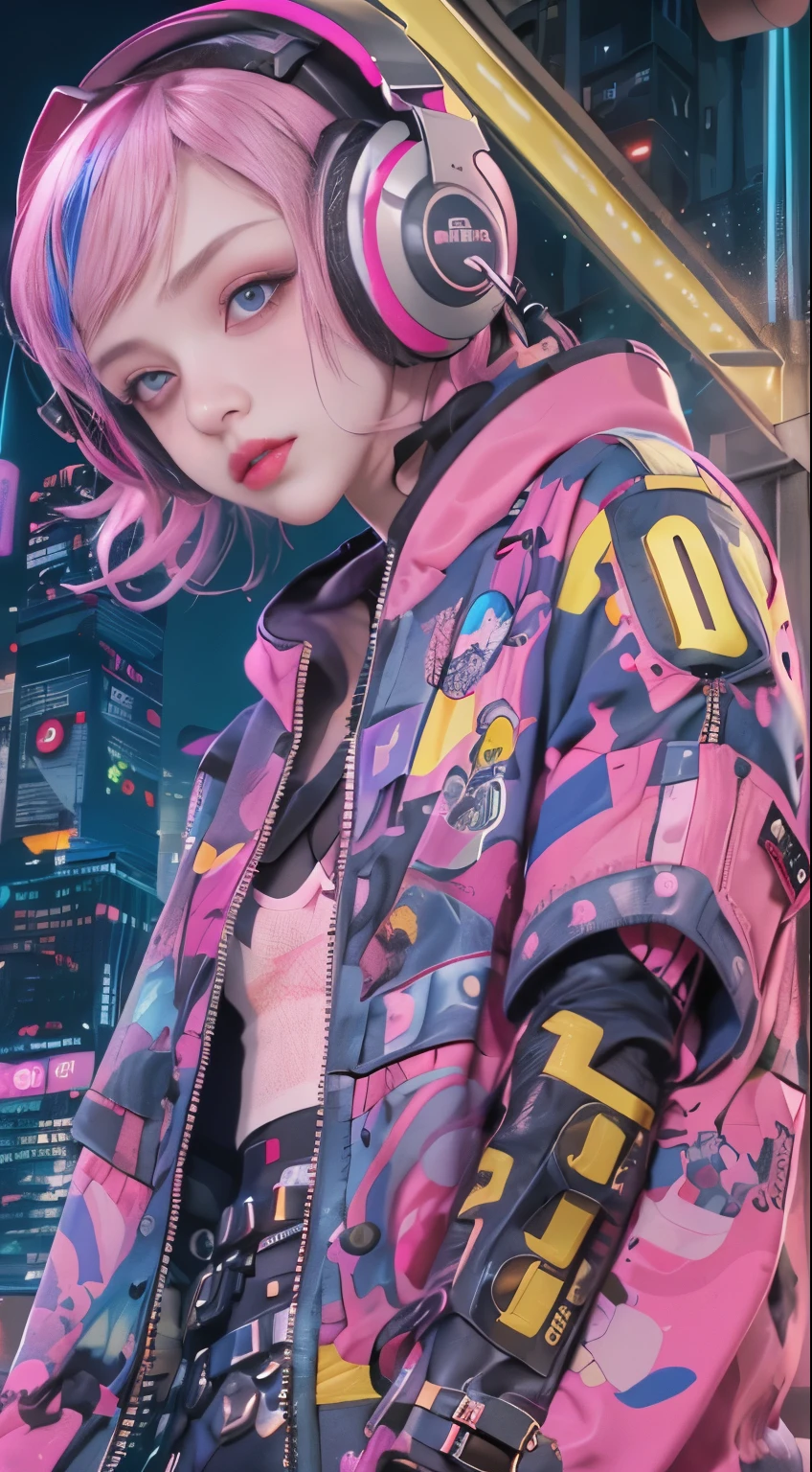 masterpiece, highest quality, Cyberpunk girls, Pop costumes inspired by Harajuku, Bold colors and patterns, Wearing headphones,eye-catching accessories, Trendy and innovative hairstyles, bright makeup, Cyberpunk dazzling cityscape, skyscraper, neon sign, led lights, Bright and vivid color scheme, Lots of pink,anime, figure, fine skin texture, fine cloth texture, beautiful detailed face, intricate details, Super detailed,Has an elongated sword,