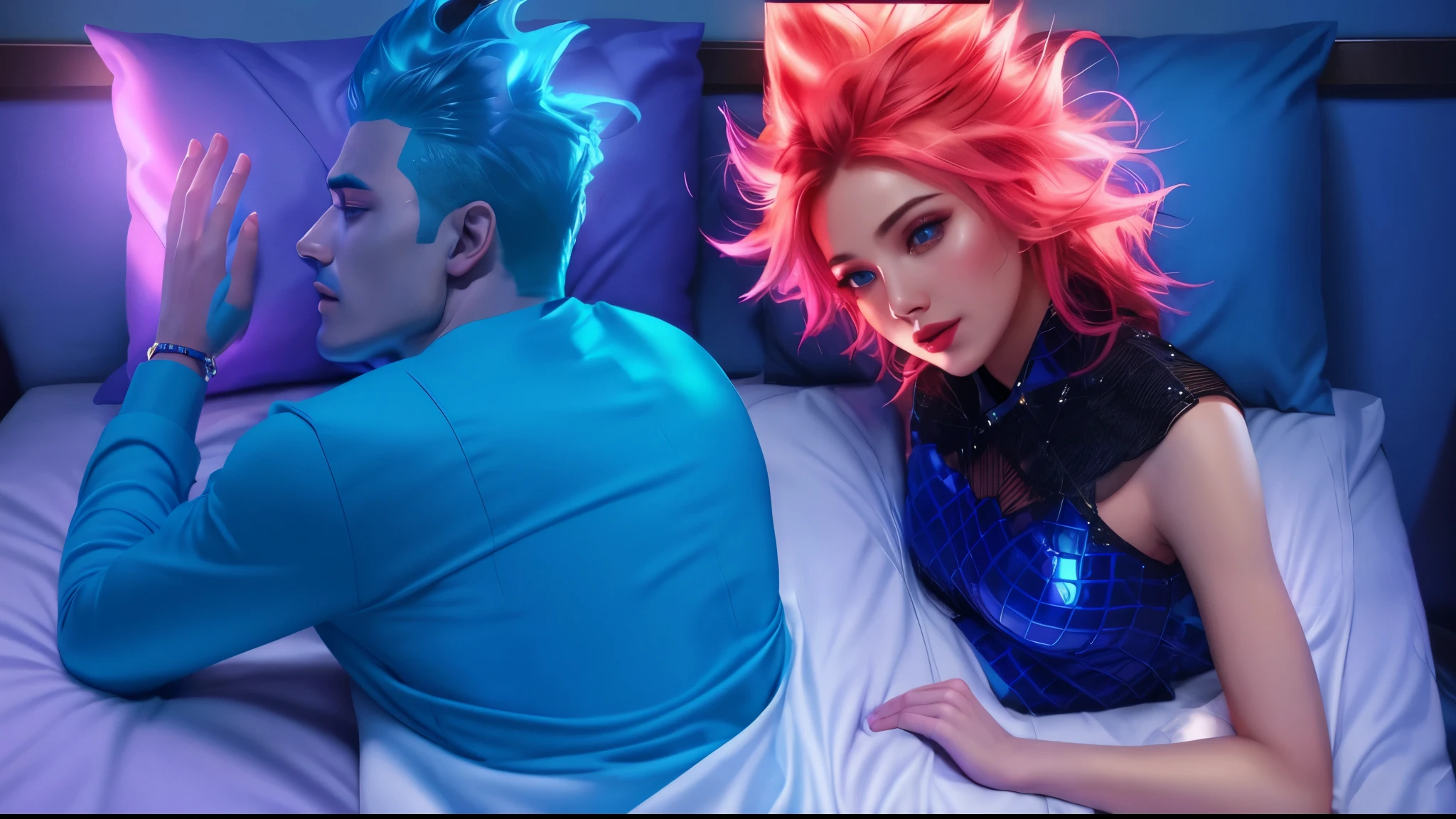 There is a woman laying in bed next to a man with blue skin, vibrant, movie promotional image, purple and blue bed pillows, 4k, high resolution, realistic, multiple light sources, rim light (best quality, 4k, high-res, realistic), ultra-detailed, vivid colors, movie poster style, vibrant atmosphere, glossy finish, dynamic poses, crisp details, intense emotions, romantic setting, soft lighting, cinematic feel