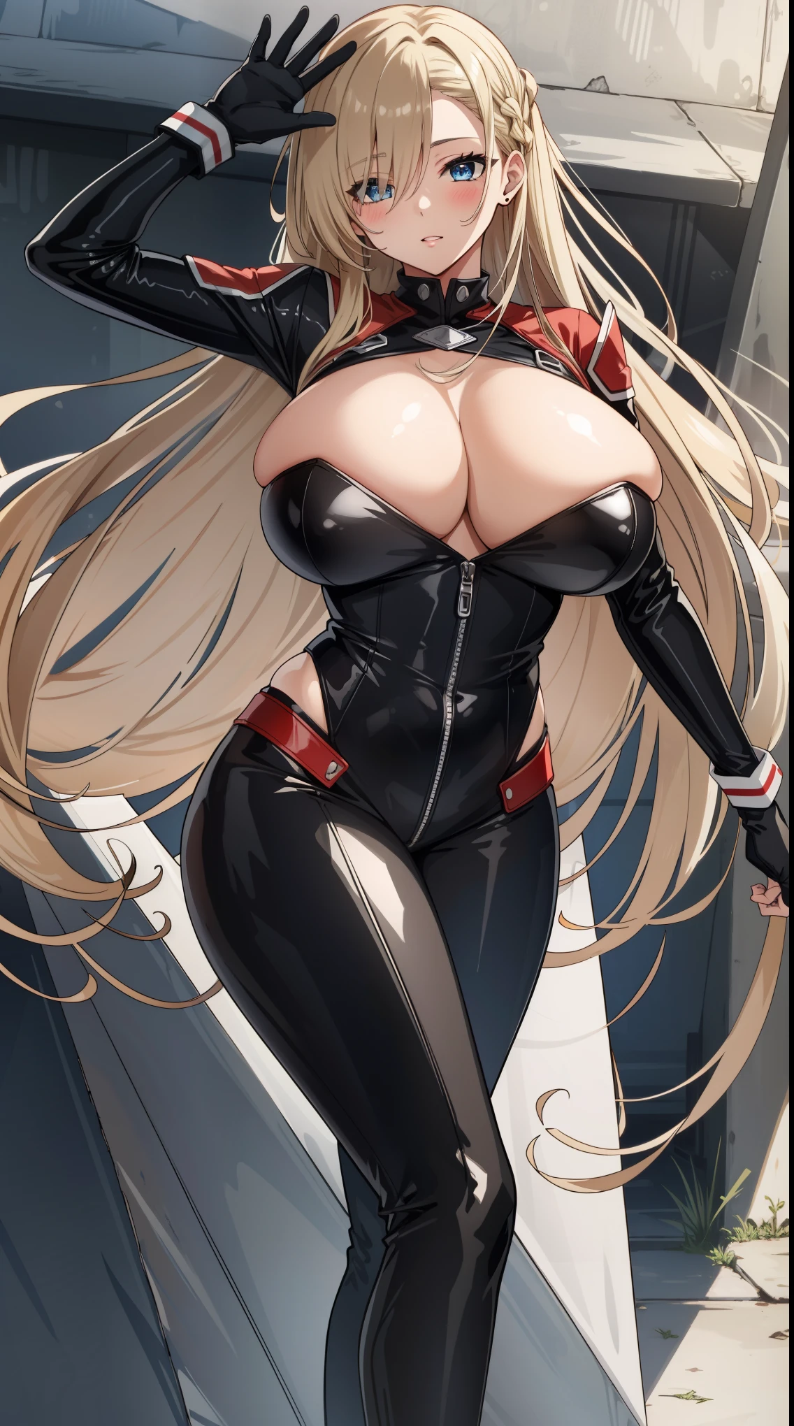 (High resolution), (disorganized), (最high quality), (high quality), (masterpiece), 1 girl, Asuna, blue eyes, long hair, Hello, hair above one eye, very long hair, light brown hair, (big breasts, huge breasts), latex bodysuit high leg, red latex thigh high socks, prayer hands sign, looking at the viewer, 8K HD RTX,