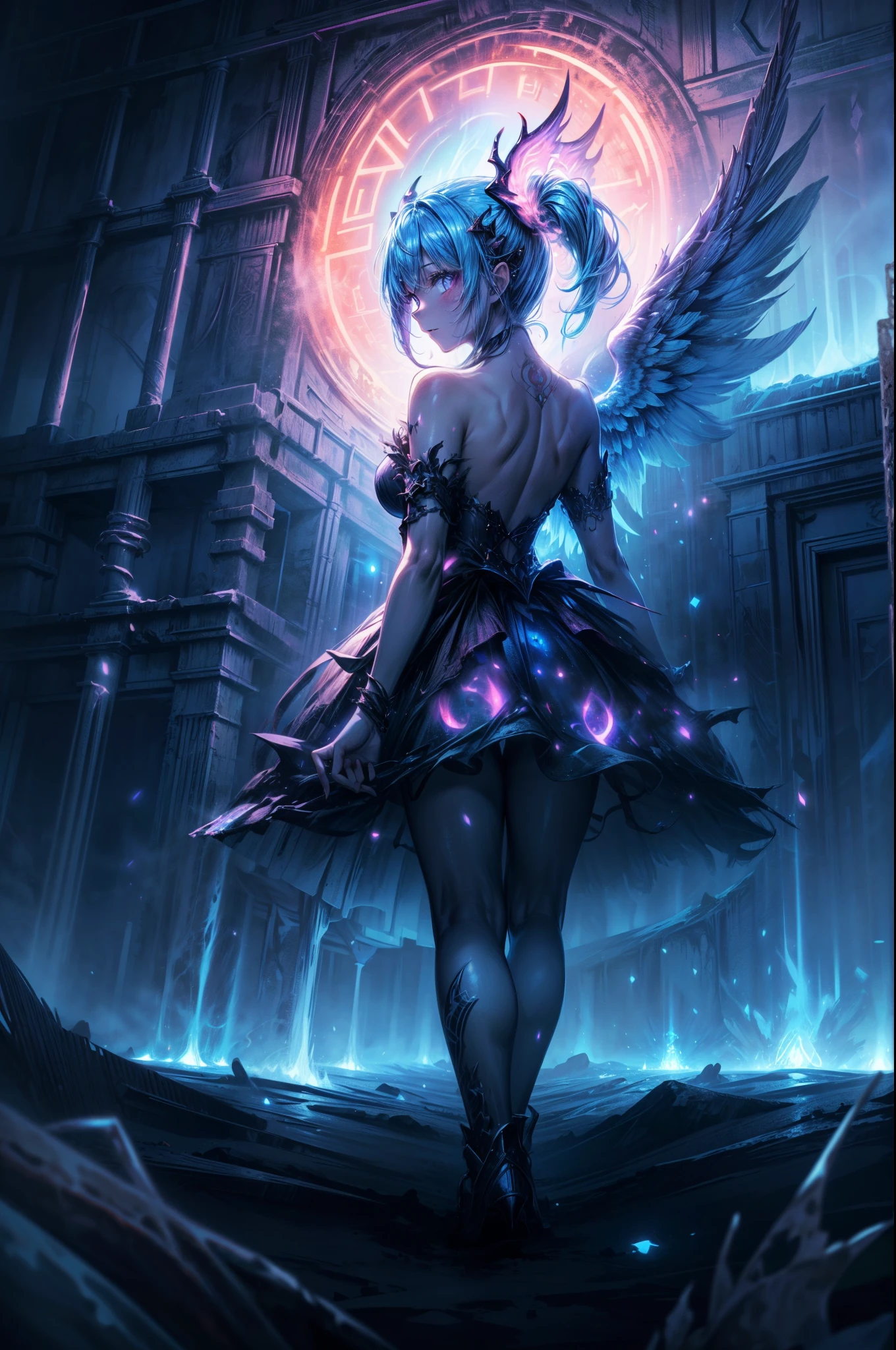 high details, best quality, 16k, [best detailed], masterpiece, best quality, (extremely detailed), a view from the rear of a beautiful angel looking through  a magical portal onto hell, the portal has magical pink magical wards  on it, she sees the fiery hell and rolling inferno, GlowingRunes_paleblue,