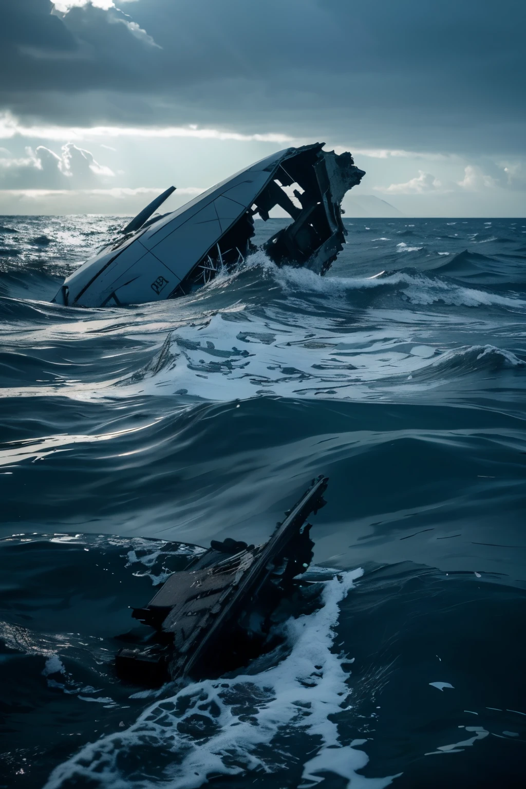 1. The camera zooms in on the vast ocean, revealing aircraft wreckage scattered across the surface. 2. Shattered wings emerge from the water, standing out as silent witnesses to a shocking event. 3. Metallic details slowly sink, while partially submerged objects suggest the scale of the tragedy. 4. The reflection of the sun on the intact parts of the wreckage creates a gloomy contrast, accentuating the desolate atmosphere. 5. The choppy, unforgiving ocean bears witness to the tragedy, with waves crashing against scattered fragments. 6. A feeling of heavy silence hangs over the scene, intensifying the cinematic visual impact.