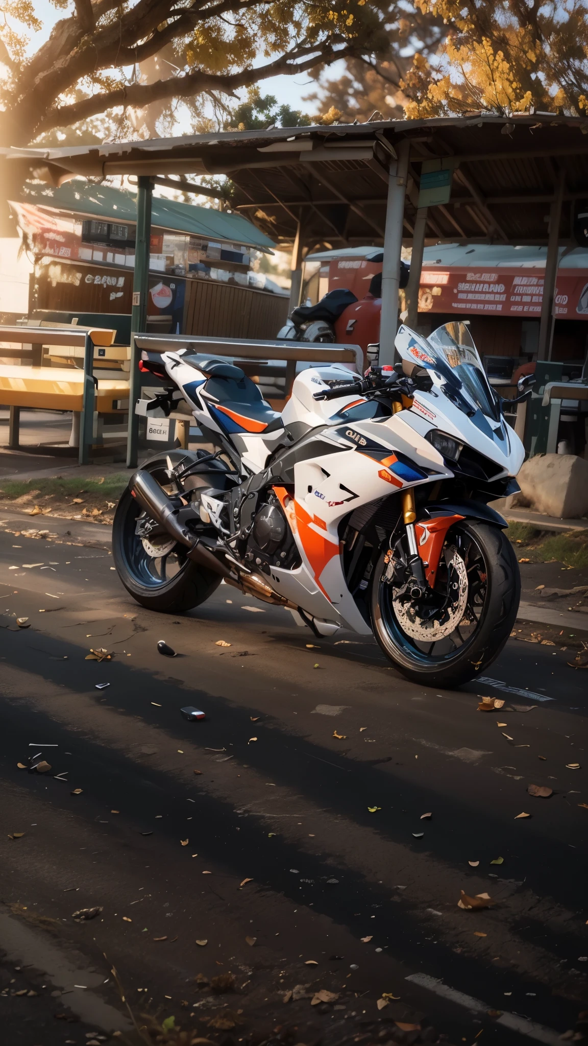 there is a motorcycle parked in front of a bus stop, front side full, wide screenshot, front side, front side view, front shot, front profile!!!!, taken with sony alpha 9, at racer track, a wide full shot, front profile, super wide, taken with sony a7r camera, good face, frontshot, rear-shot