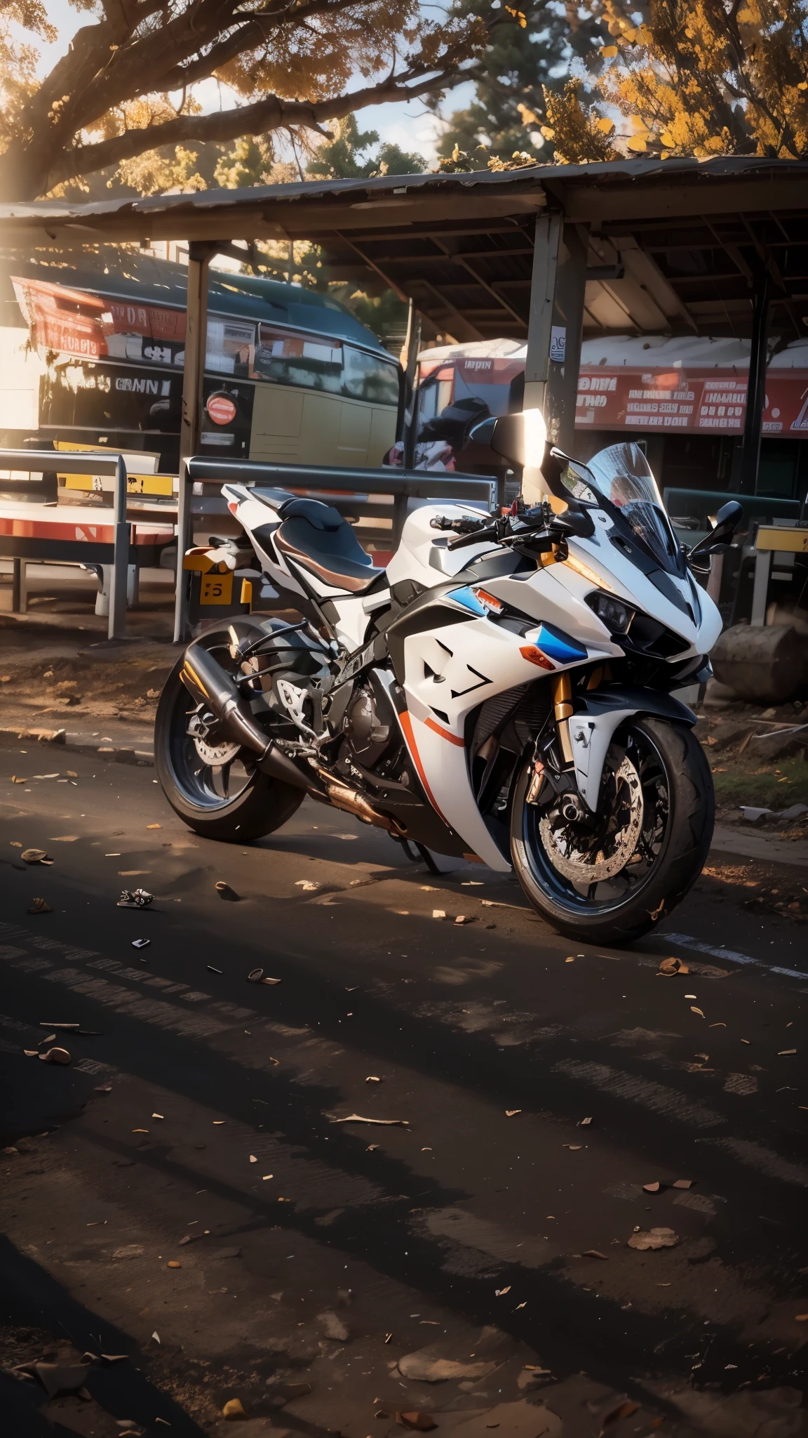 there is a motorcycle parked in front of a bus stop, front side full, wide screenshot, front side, front side view, front shot, front profile!!!!, taken with sony alpha 9, at racer track, a wide full shot, front profile, super wide, taken with sony a7r camera, good face, frontshot, rear-shot