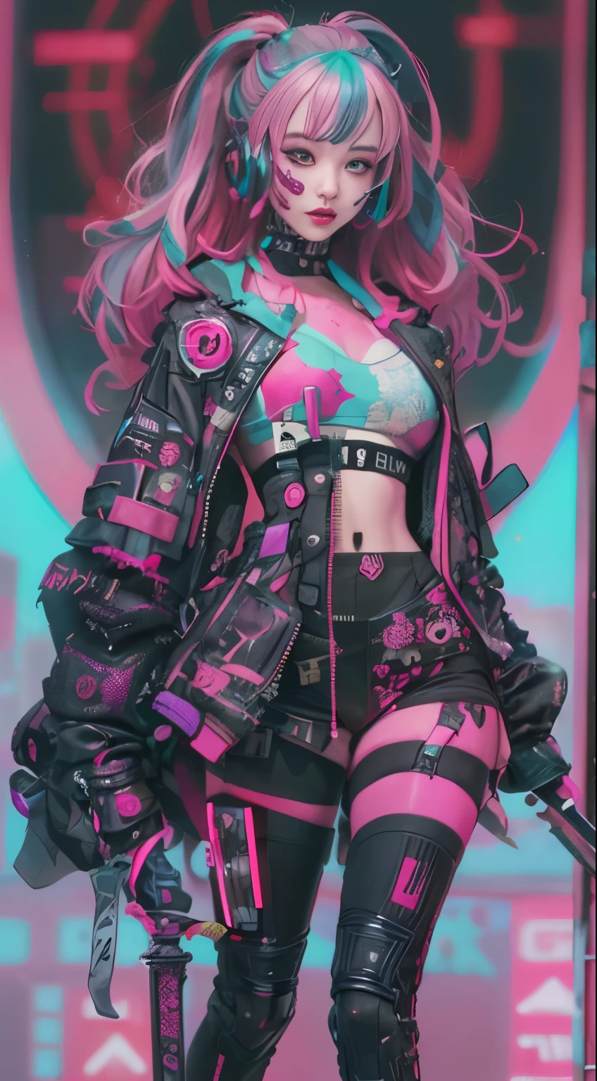 masterpiece, highest quality, Cyberpunk girls, Pop costumes inspired by Harajuku, Bold colors and patterns, eye-catching accessories, Trendy and innovative hairstyles, bright makeup, Cyberpunk dazzling cityscape, skyscraper, neon sign, led lights, Bright and vivid color scheme, The pink color stands out,anime, figure, fine skin texture, fine cloth texture, beautiful detailed face, intricate details, Super detailed,Has an elongated sword,