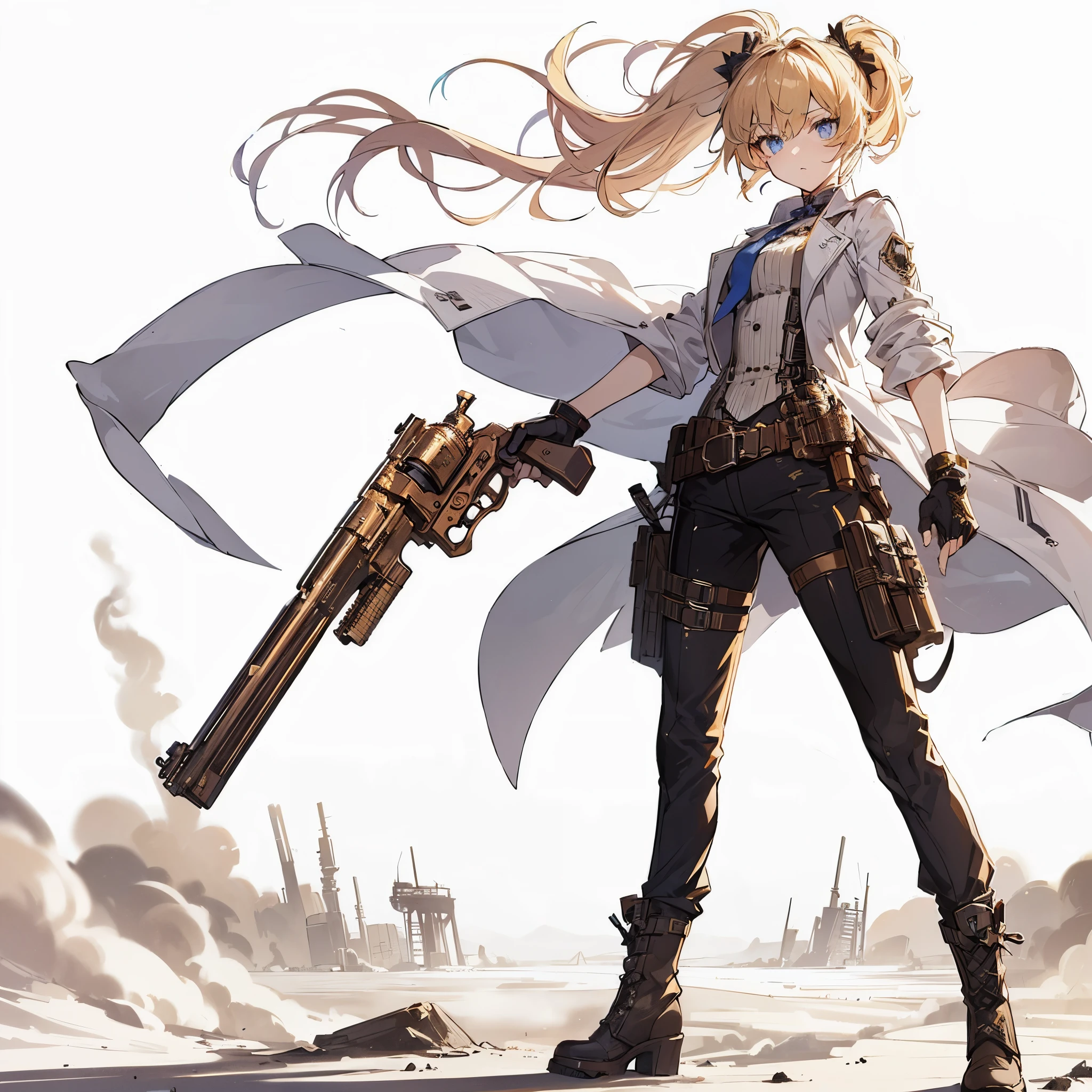 (masterpiece, Best Quality), (Perfect athlete body:1.2), (detailed hairs), Ultra-detailed, Anime style, Full body, Solo, stylish gunfighter girl, blonde hair, blue eyes, in male cloth white pantsuit, held steampunk long Barrel pistol, wearing long boots, standing on wasteland, 8k high resolution, white background, whole body