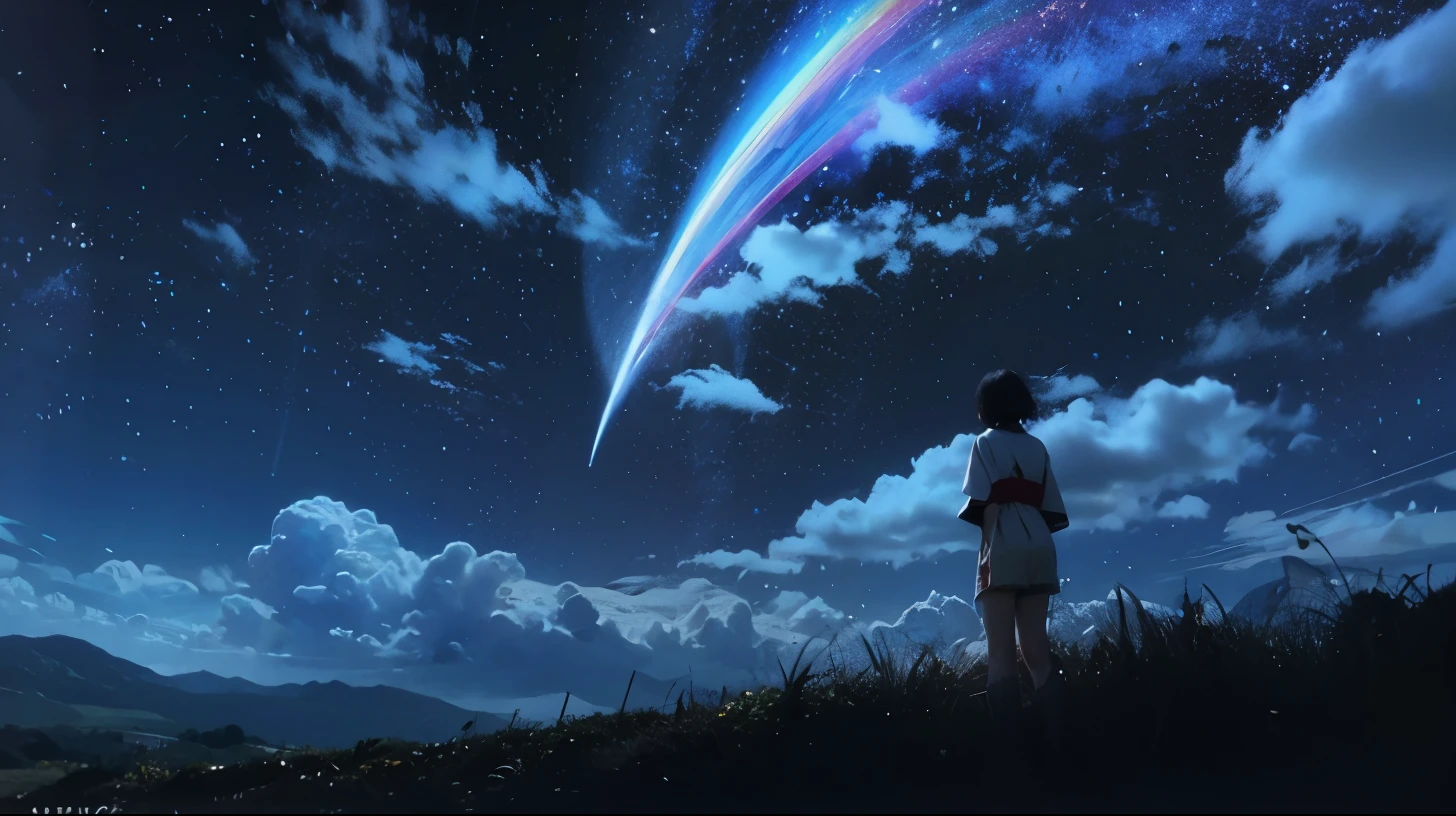 Mitsuha, black short hair, female, teenage, kimi no na wa, meteor shower, blue kimono, red obi