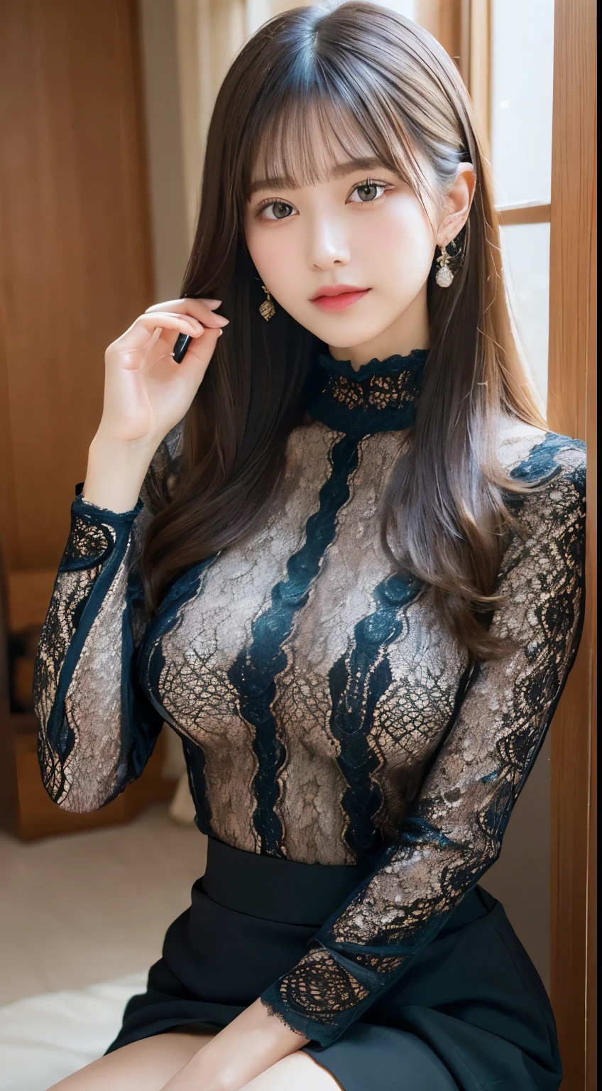 (High neck all lace costume、ample breasts、get sexually excited、take your legs out of the skirt、very thin waist)、(bold sexy pose、19 years old、beautiful and detailed eyes、no makeup)、(highest quality、masterpiece:1.3、ultra high resolution)、(Super detailed、caustics)、one woman、japanese girl、smile、cute、black hair、medium hair、、 Use natural light and color、(depth of field、chromatic aberration、wide range of lighting、natural shading)