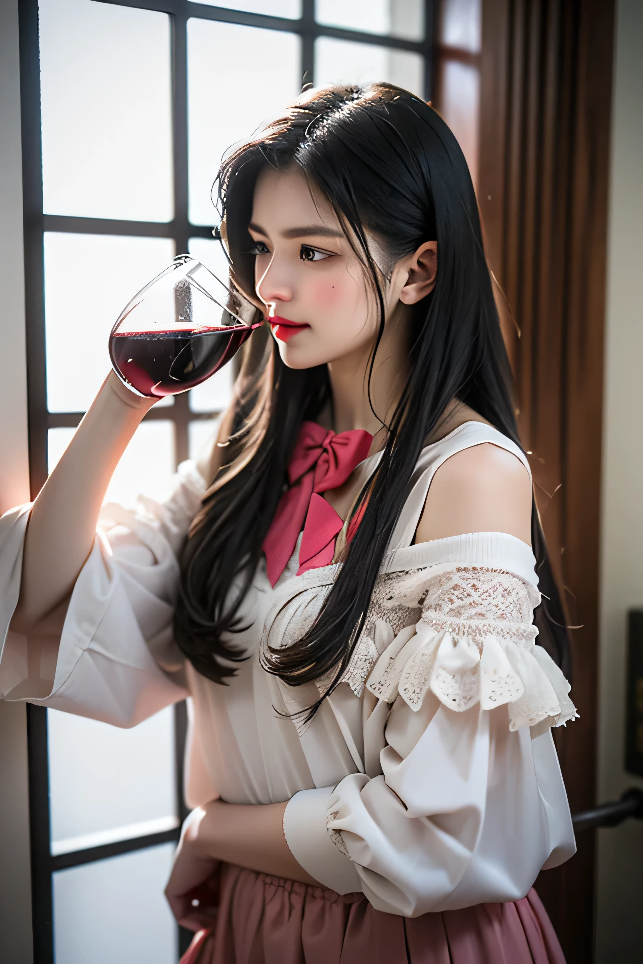 in the bathroom,Wet,charming eyes,Heartwarming action,Turn your face away from the camera,bent down,bend over,turn back,Look up at your head,thick long hair,highly detailed body,highly detailed face,highest quality,(off shoulder white blouse),(Loose red bow tie)、(pink good)、((Holding a wine glass in your hand)),(I can see pink panties),(close your eyes)
