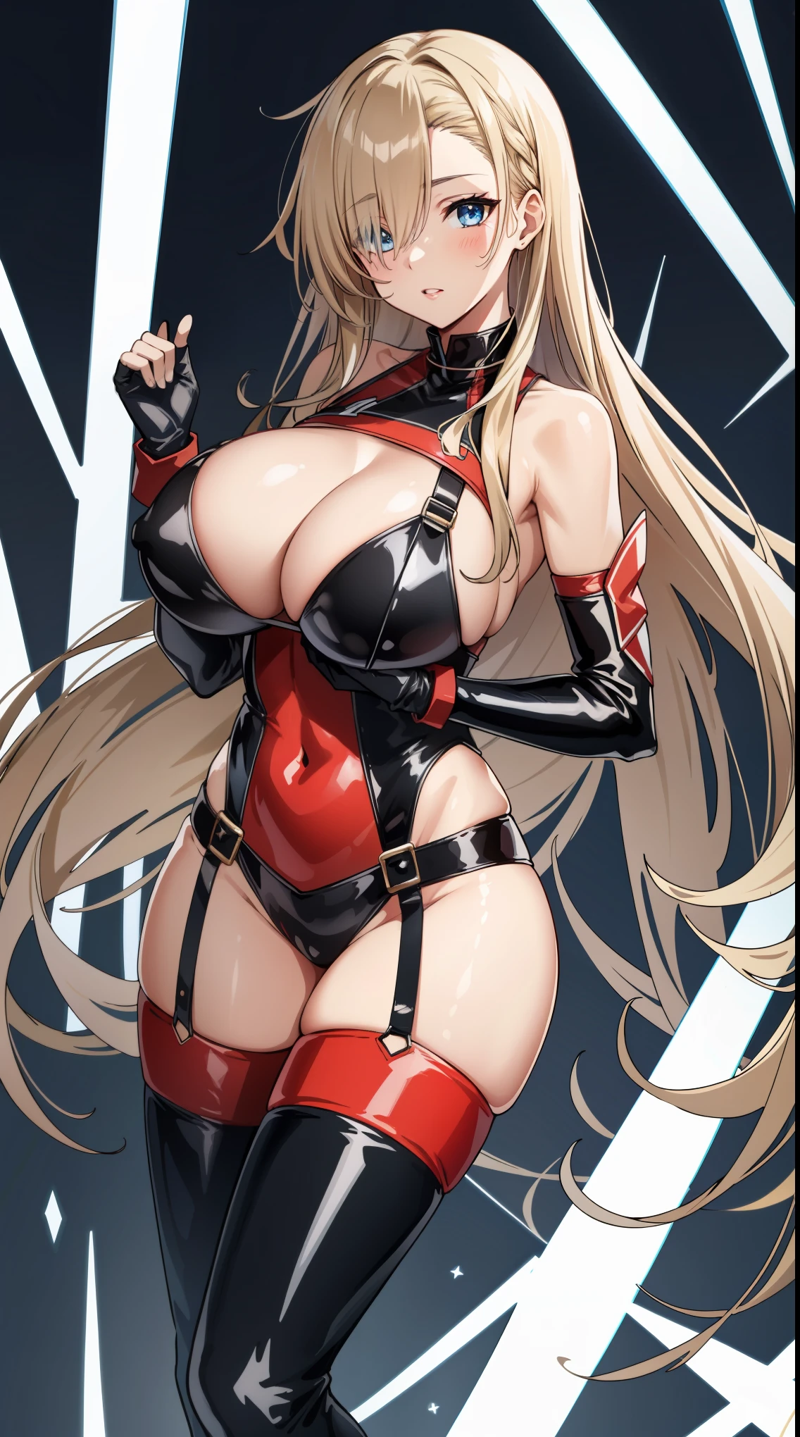 (High resolution), (disorganized), (最high quality), (high quality), (masterpiece), 1 girl, Asuna, blue eyes, long hair, Hello, hair above one eye, very long hair, light brown hair, (big breasts, huge breasts), latex bodysuit high leg, red latex thigh high socks, prayer hands sign, looking at the viewer, 8K HD RTX,