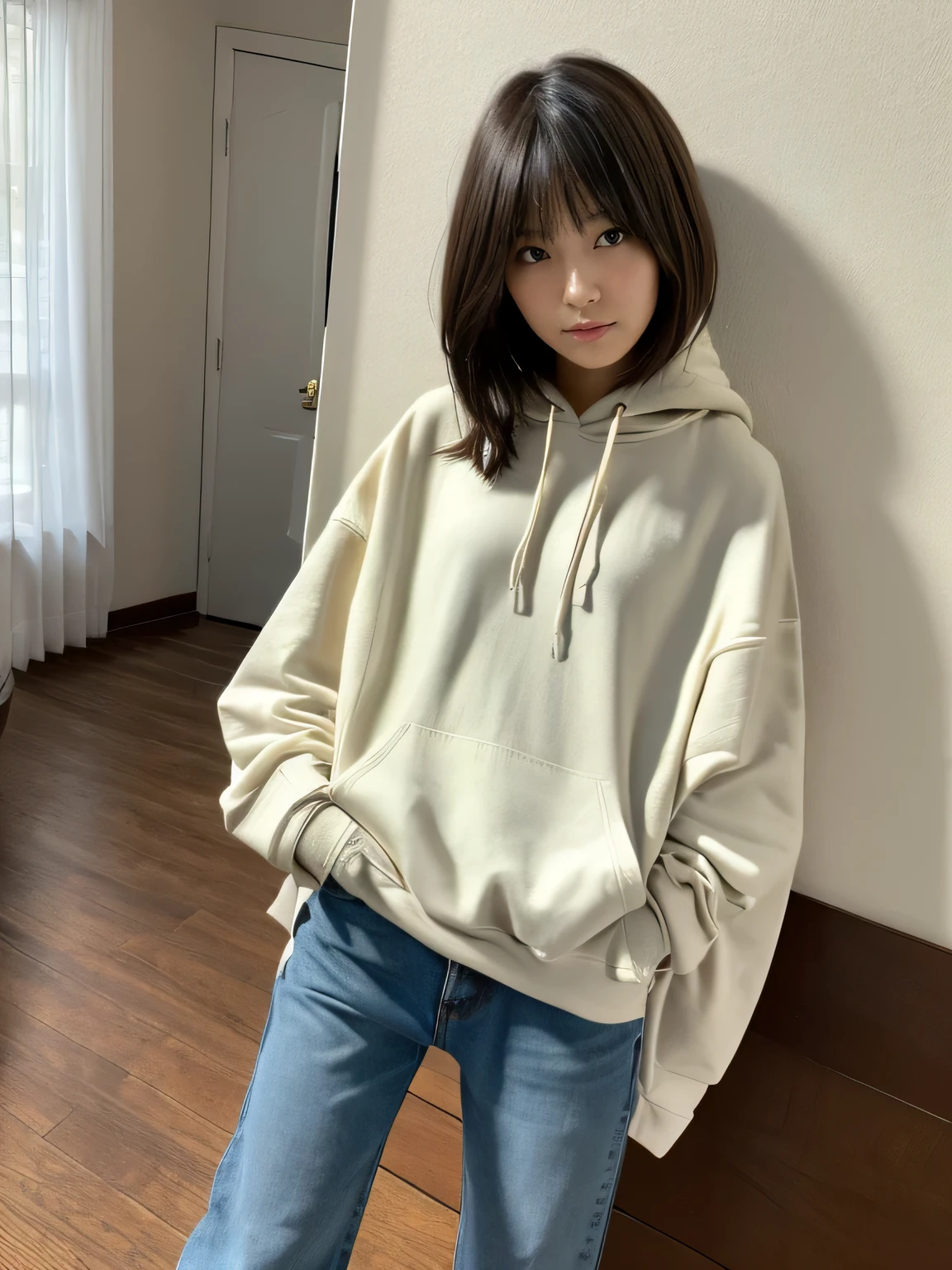 (highest quality, masterpiece, ultra high resolution:1.2), (realistic:1.3), (RAW photo:1.3), 8K, 16k, 32K, 1 girl, ultra high resolution, professional artwork, Super detailed, Complex, detailed face, 1 girl, (japanese girl:1.3), (alone, whole body, wide shot, 18-year-old:1.3), short hair, boyish pose, boyish hairstyle, room, jeans, oversized hoodie