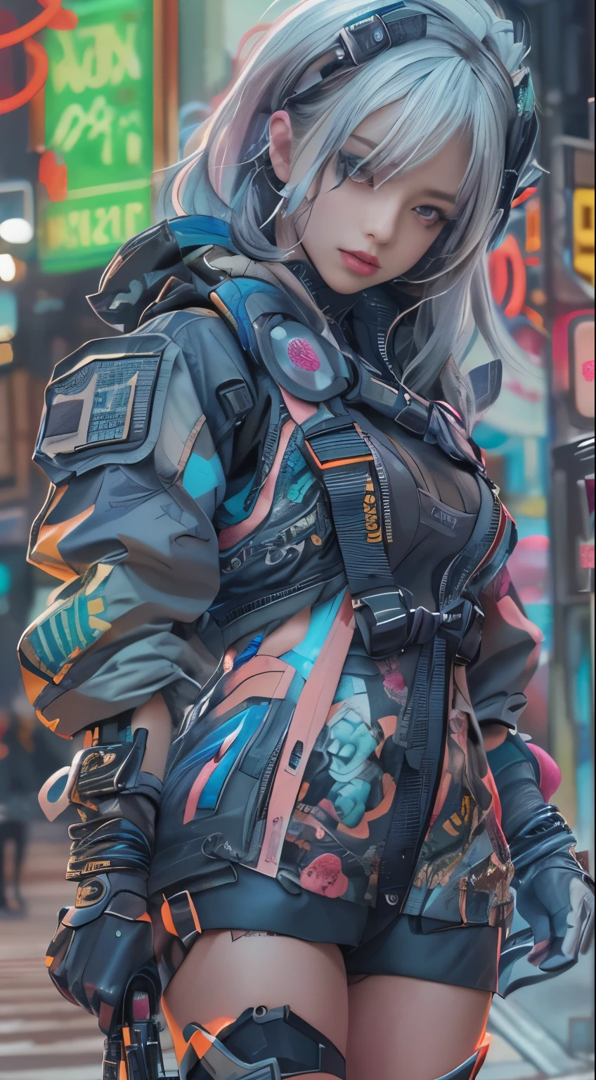masterpiece, highest quality, Cyberpunk girls, Pop costumes inspired by Harajuku, Bold colors and patterns, eye-catching accessories, Trendy and innovative hairstyles, bright makeup, Cyberpunk dazzling cityscape, Pink stands out,skyscraper, neon sign, led lights, Bright and vivid color scheme, anime, figure, fine skin texture, fine cloth texture, beautiful detailed face, intricate details, Super detailed.Holding an assault rifle with both hands,
