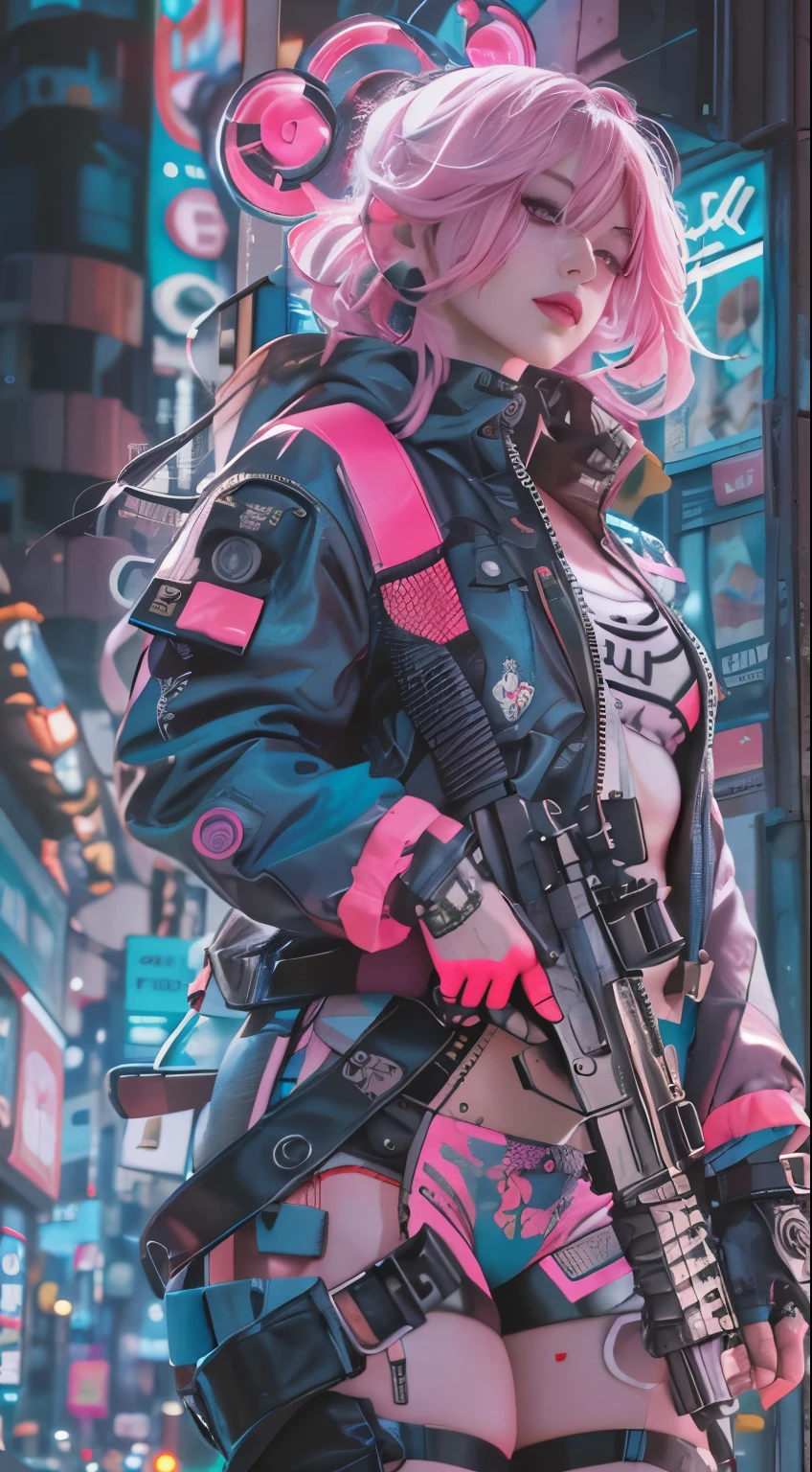 masterpiece, highest quality, Cyberpunk girls, Pop costumes inspired by Harajuku, Bold colors and patterns, eye-catching accessories, Trendy and innovative hairstyles, bright makeup, Cyberpunk dazzling cityscape, Pink stands out,skyscraper, neon sign, led lights, Bright and vivid color scheme, anime, figure, fine skin texture, fine cloth texture, beautiful detailed face, intricate details, Super detailed.Holding an assault rifle with both hands,