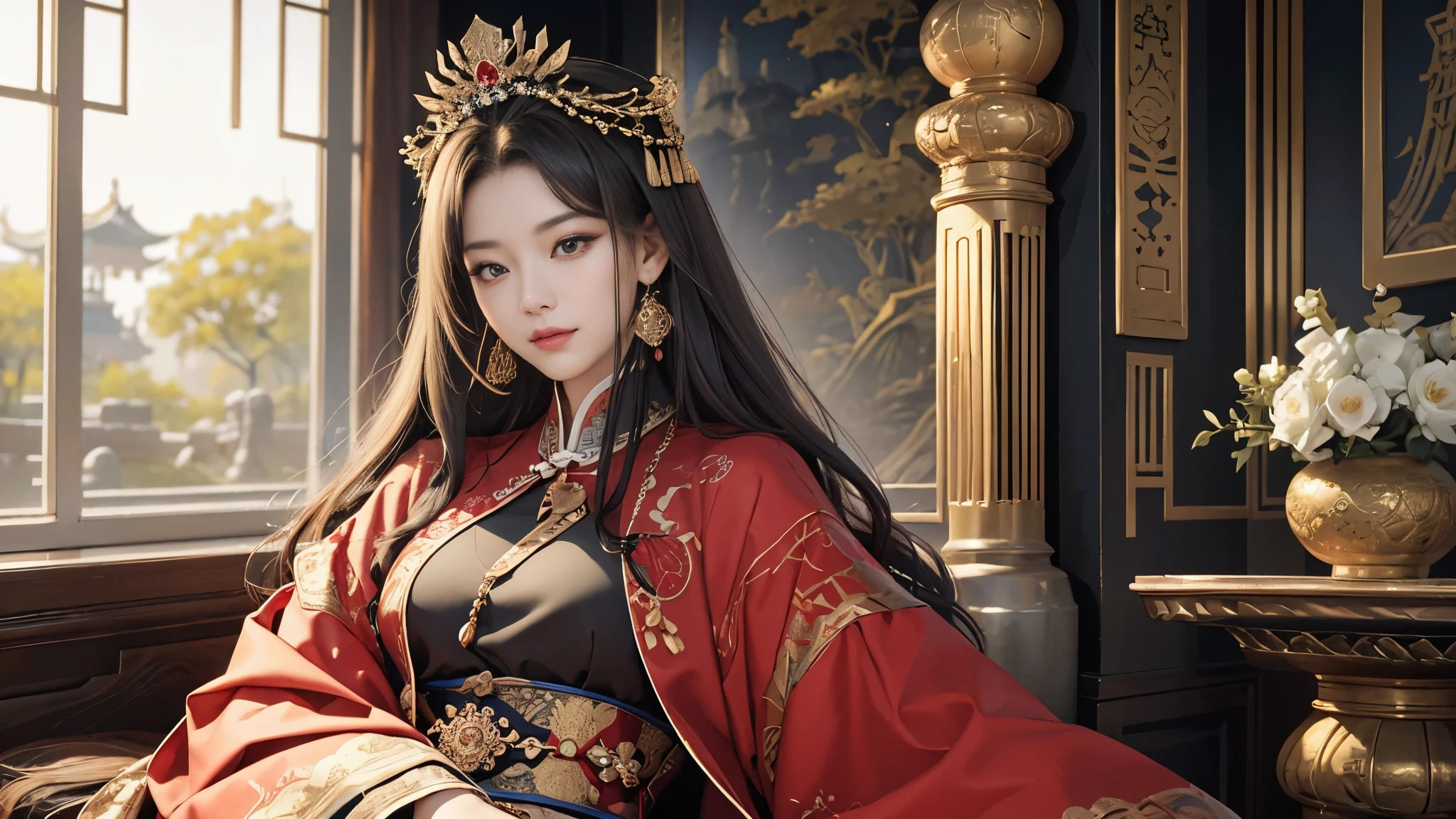 (8K, RAW photo, highest quality, masterpiece: 1.2), (realistic, realistic: 1.37), 1 girl, ancient China、In a room in the imperial court at the end of the Later Han Dynasty、The empress is sitting in a luxurious chair。The empress is華やかな服装で神々It has a nice aura of atmosphere.。The empress is綺麗な顔立ちで、She is wearing the fashionable hair ornaments of the time.。The empress is、He is smiling and facing forward.。