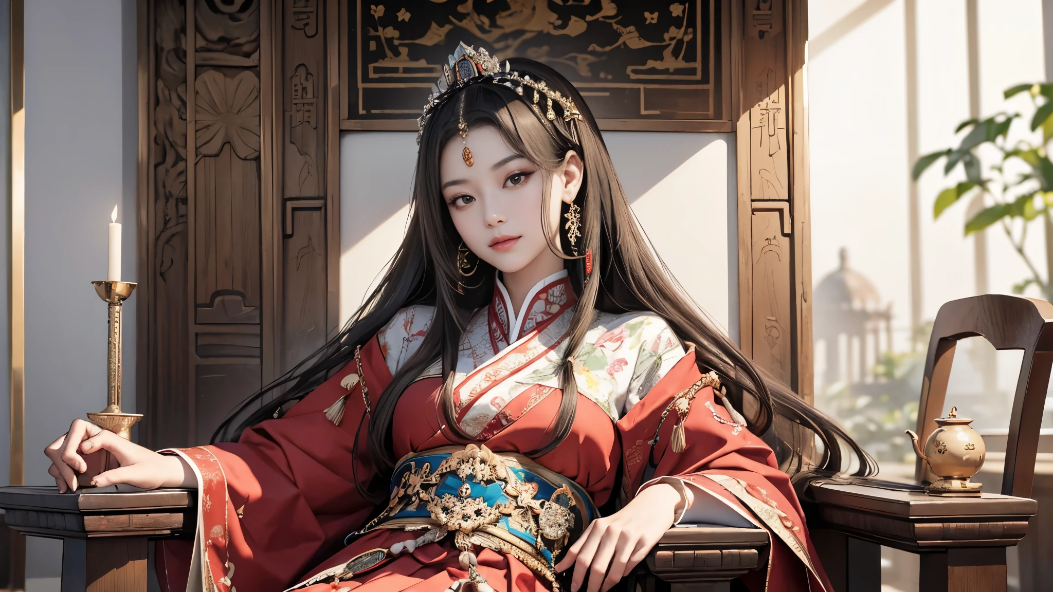 (8K, RAW photo, highest quality, masterpiece: 1.2), (realistic, realistic: 1.37), 1 girl, ancient China、In a room in the imperial court at the end of the Later Han Dynasty、The empress is sitting in a luxurious chair。The empress is華やかな服装で神々It has a nice aura of atmosphere.。The empress is綺麗な顔立ちで、She is wearing the fashionable hair ornaments of the time.。The empress is、He is smiling and facing forward.。