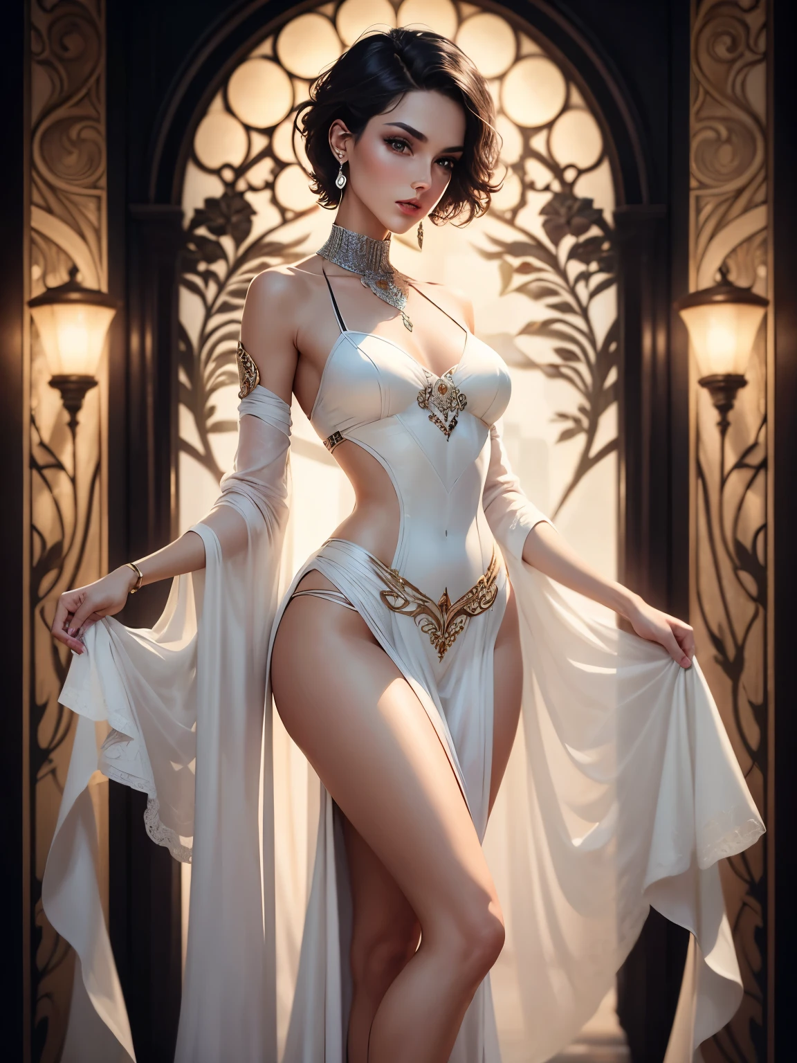 High fashion model , slim body , looking at viewer, short hair, simple background, white background, jewelry, earrings, parted lips, lips, eyelashes, makeup, full body , art nouveau style, soft lights