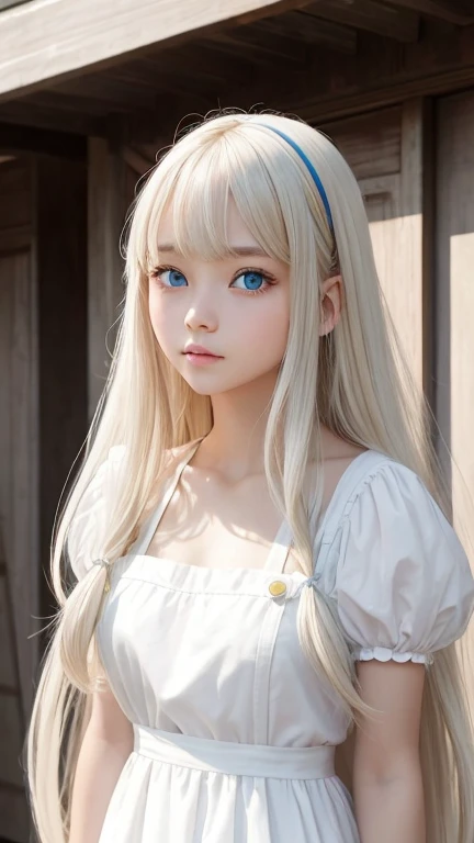 bright look、photorealism、highest quality、Super high resolution、picture、Photo of an exquisitely beautiful Scandinavian girl、extraordinary beautiful girl、cute and beautiful face details、(Pueros face_v1:0.008)、beautiful bangs、alice in wonderland、18-year-old、Shining white skin、hair run that extends to the face、bangs between the eyes、super long hair、Attractive light and dark platinum blonde super long straight silky hair、thin hair、Charming shining beautiful bright clear light blue big eyes、white apron、yellow dress、eyeliner、double eyelid、rich bust