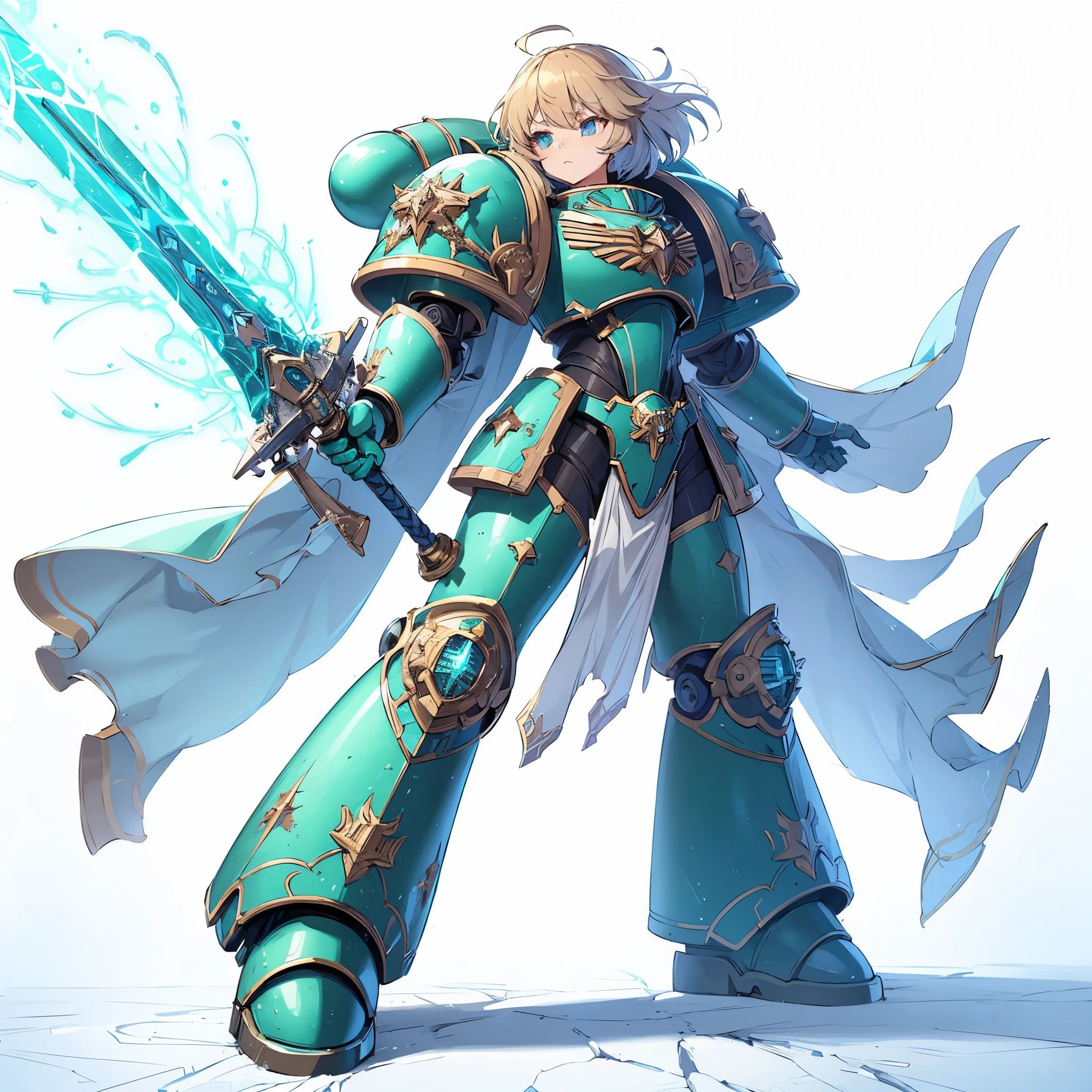 Masterpiece, best quality, ultra-detailed, anime style, solo, full body of space marine girl, sea-green power armor, knightly stance, short blond hair, and holds up a sword with a neon blue discharge luminescence, Warhammer 40K,8k high resolution, trending art station, white background, whole body, standing in battle field